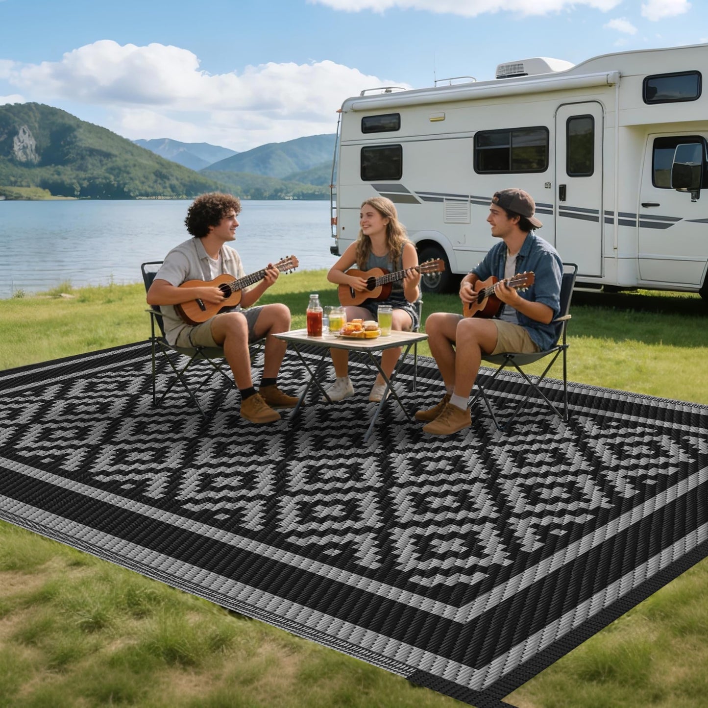 Kohree RV Outdoor Rug 9x12 Reversible, Waterproof Patio Mat with 4 Stakes & UV Fade Resistant, Non-Slip Outdoor Camping Mat for Deck, Picnic, Backyard, Includes Carry Bag (Black & Grey)