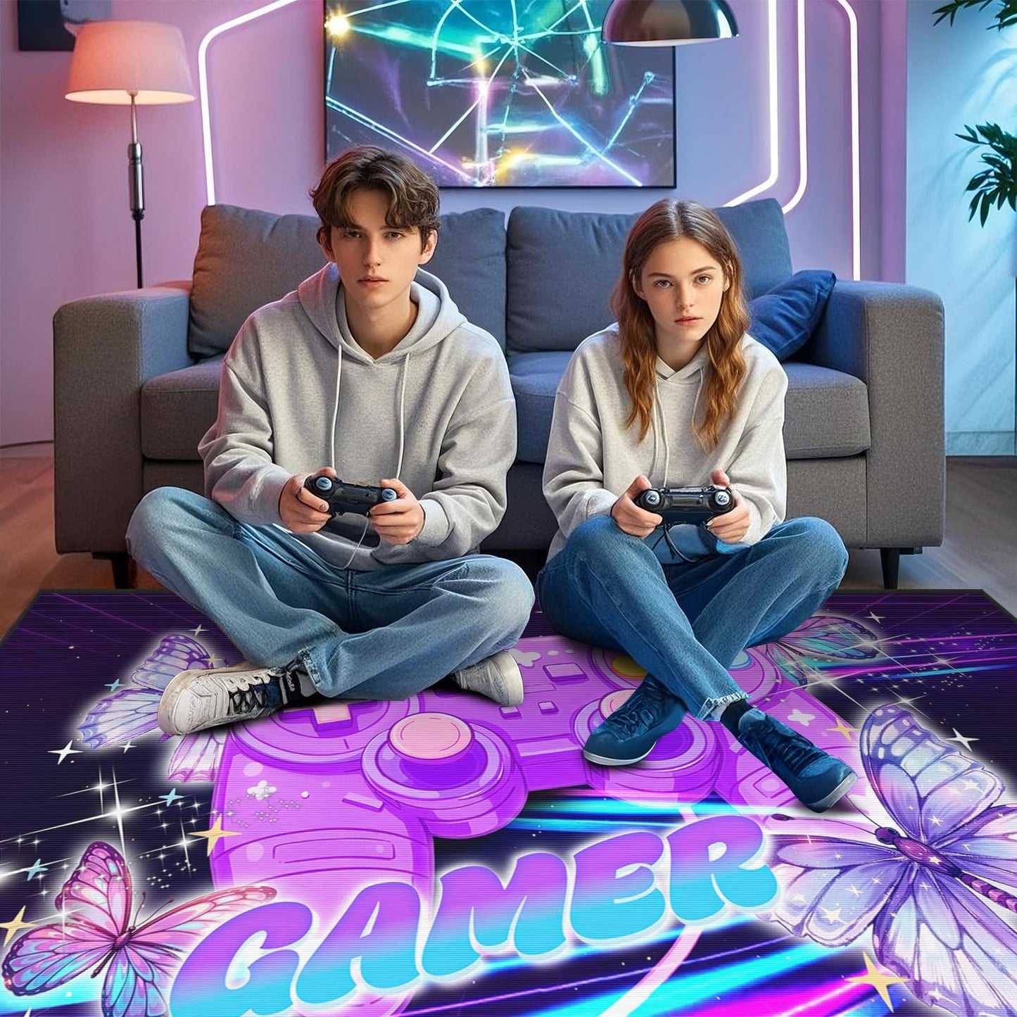 Gamer Area Rugs for Girls Bedroom, Dreamy Purple Butterfly Gaming Rug for Gamer Room, Teens Room,Girls Room, Kids Playroom, Dorm, Large Video Game Floor Mat Kids Rug Carpet for Bedroom Decor 71"x47"