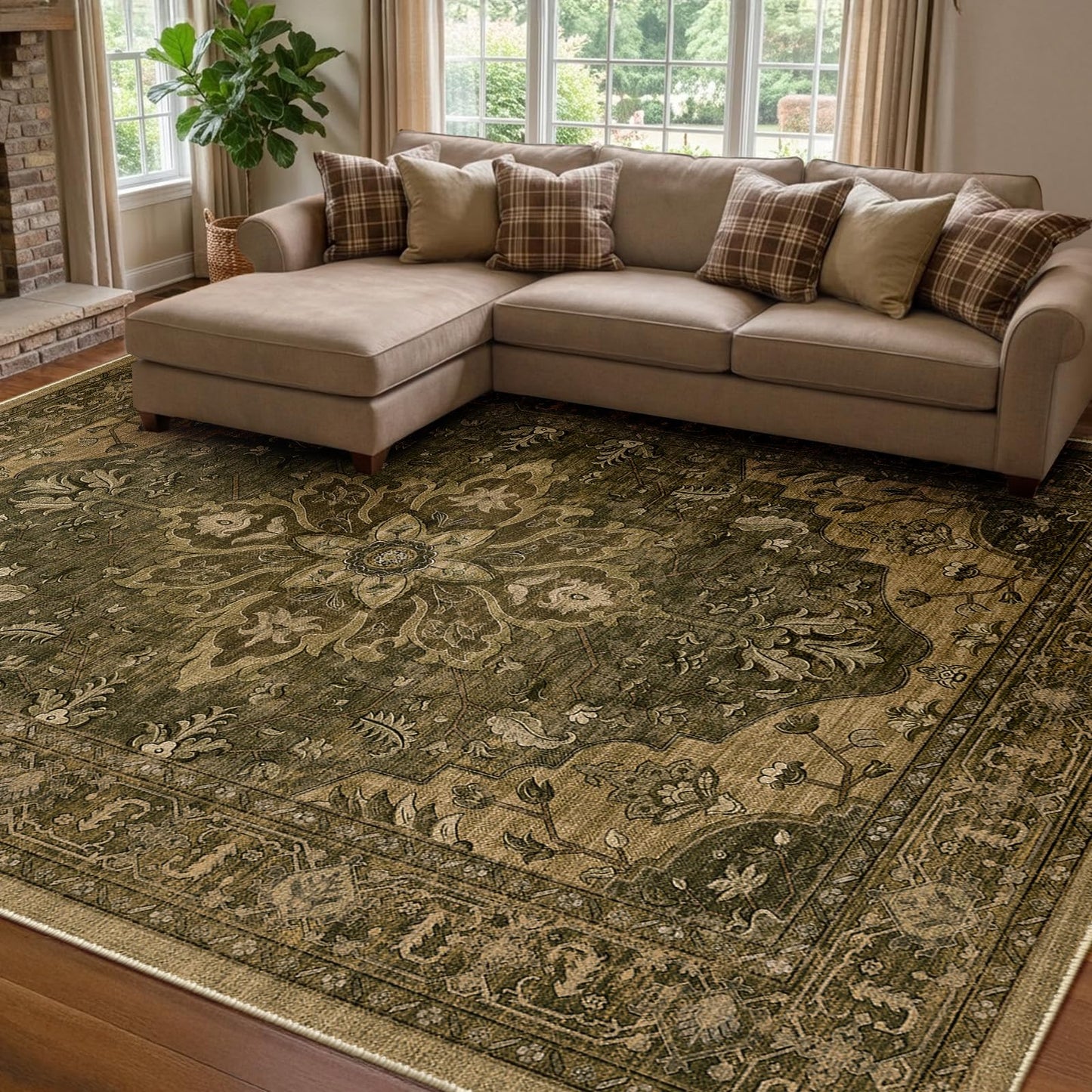 RELEANY Area Rugs 8'x10' Washable Non-Slip, Floral Vintage Distress Medallion Carpet for Living Room Bedroom Dining Room, Brown Dark Brown