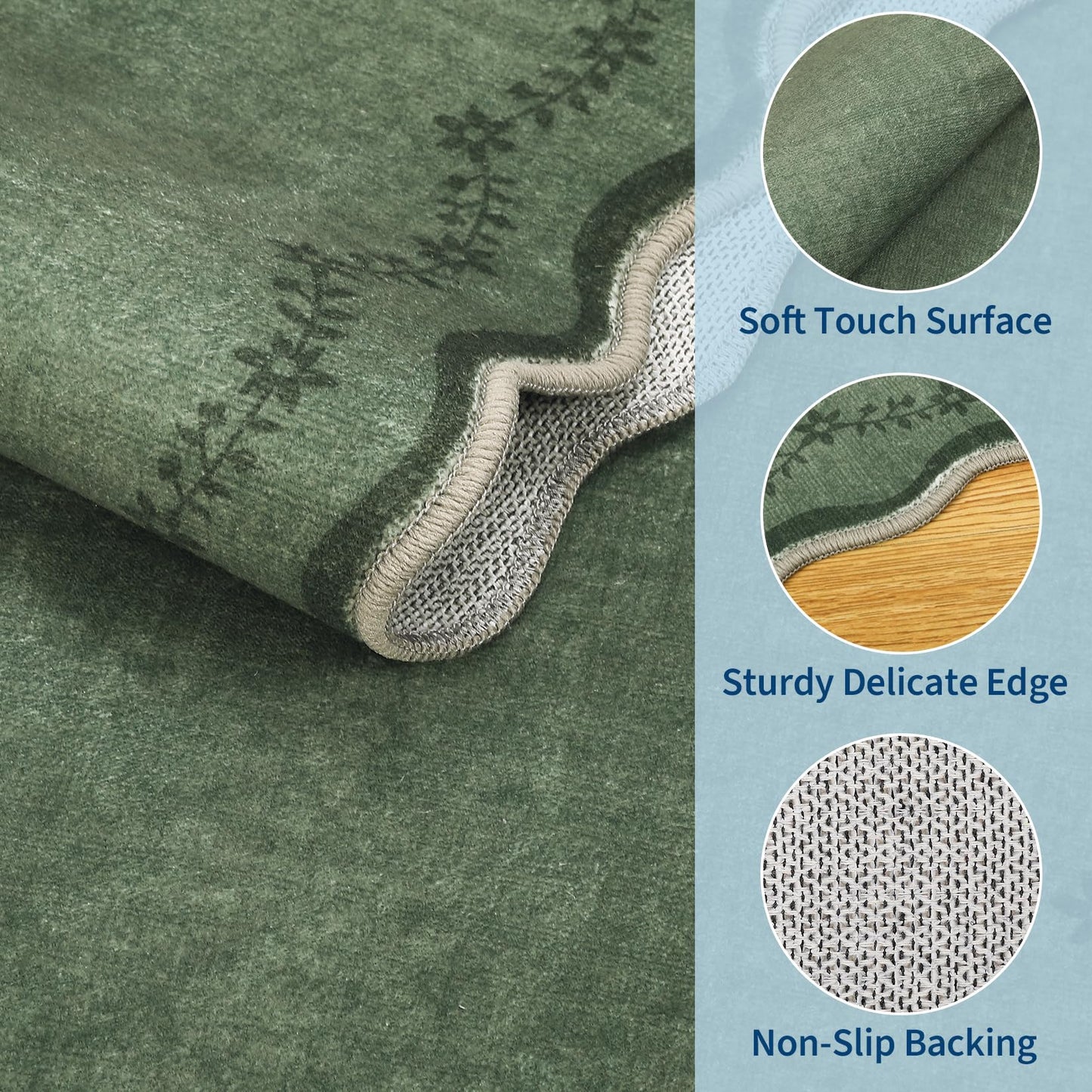 GarveeHome 5x7 Scalloped Area Rug Green Washable Rugs for Living Room Bedroom, Soft Low Pile Non Slip Accent Floor Mat Solid Floral Print Throw Rug Farmhouse Indoor Carpet for Dorm Playroom