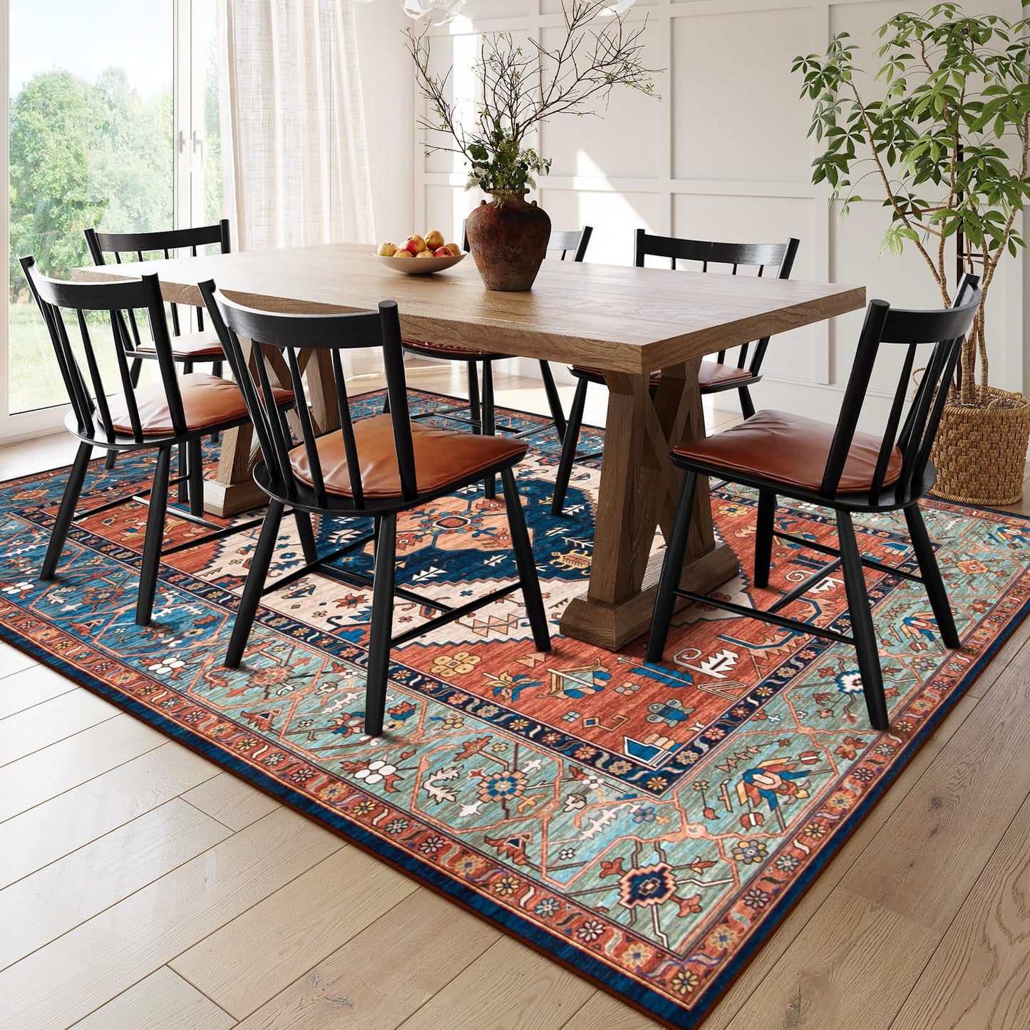 Lahome Area Rugs 9x12 Living Room - Boho Non-Slip Washable Rug Ultra-Thin Stain Resistant Large Carpet Throw Non Shedding Dining Room Mat, Oriental Print Carpet for Bedroom Adelyn (Rust, 9'x12')