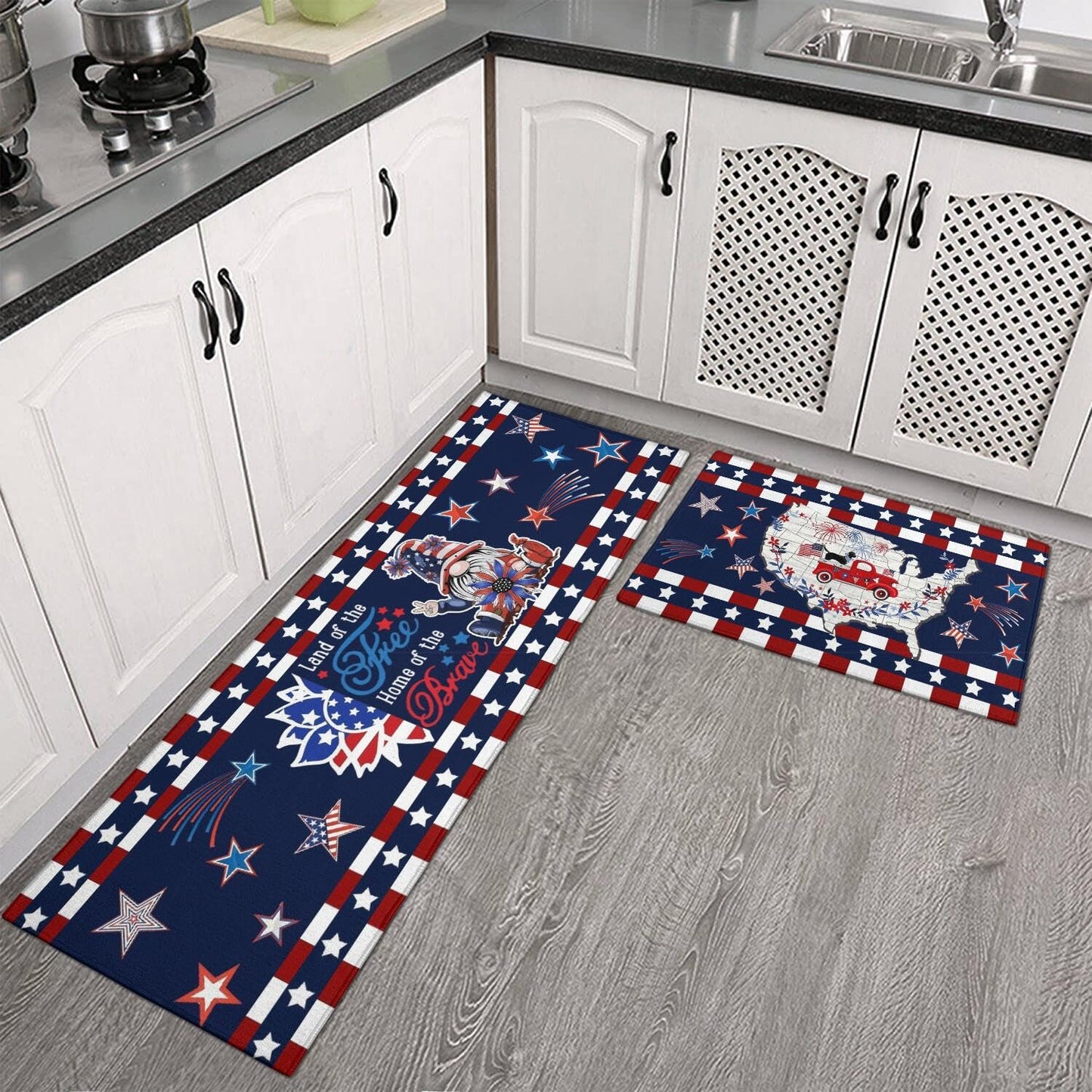American Patriotic Farmhouse Kitchen Rugs Sets of 2,4th of July Memorial Day Independence Day Mats for Floor,Liberty Freedom Non Slip Holiday Decor Mat for Sink, Laundry, Office 17"x 47"+17"x 30"