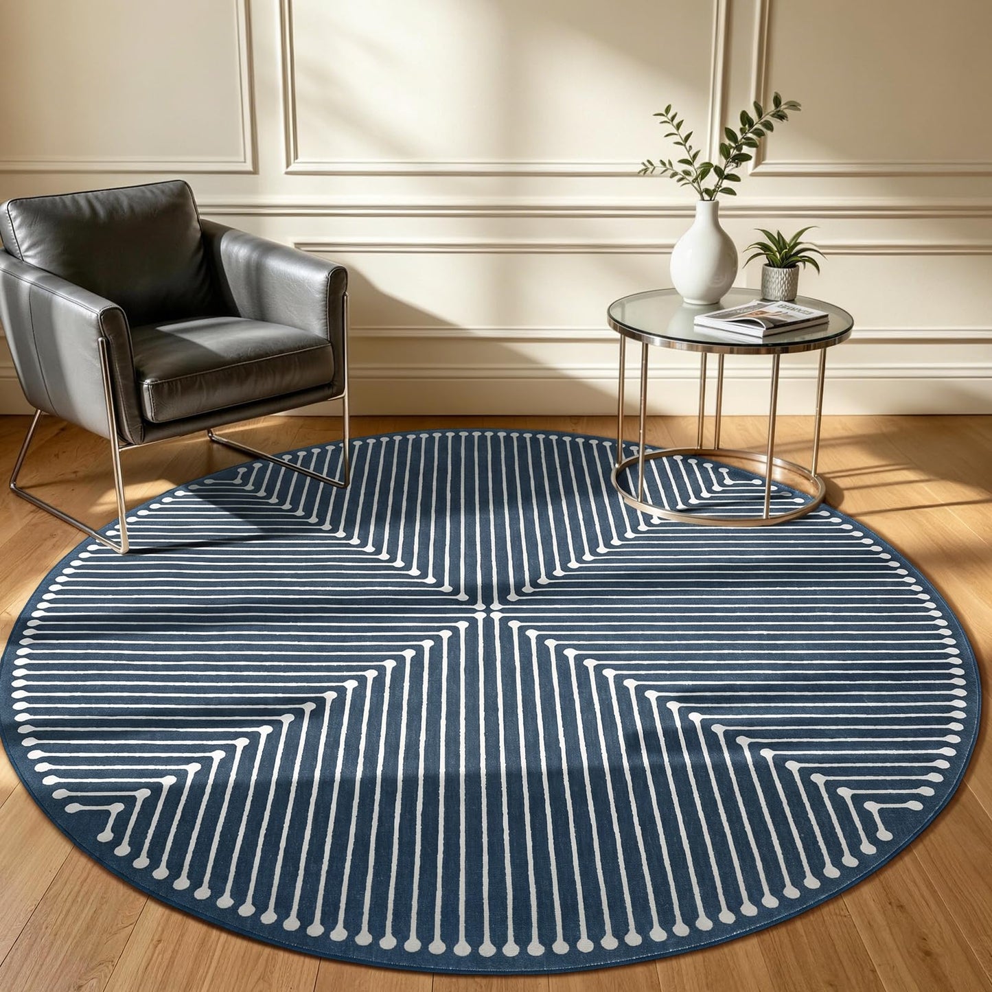 YIHOUSE Modern Washable 6ft Round Rug for Living Room, Dark Blue 6x6 Circle Rugs for Bedroom Non Slip Non Skid, Soft Striped Carpet for Dining Room Playroom Home Office Decor