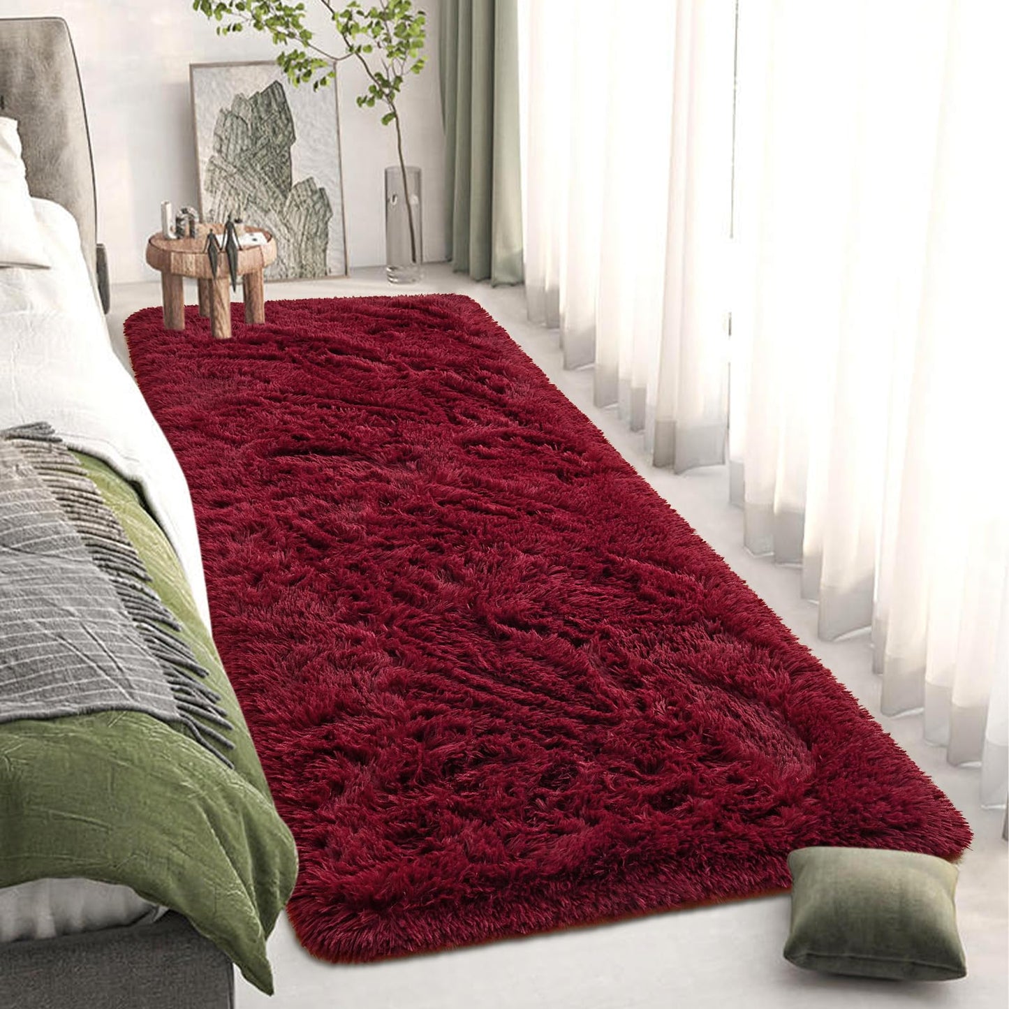 DweIke Fluffy Burgundy Red Runner Rugs for Bedroom, 2x6 Feet Soft Plush Long Runners for Girls Boys Kids, Non-Slip and Machine Washable Bedside Rug, Small Throw Carpet for Hallway Rooms Decor