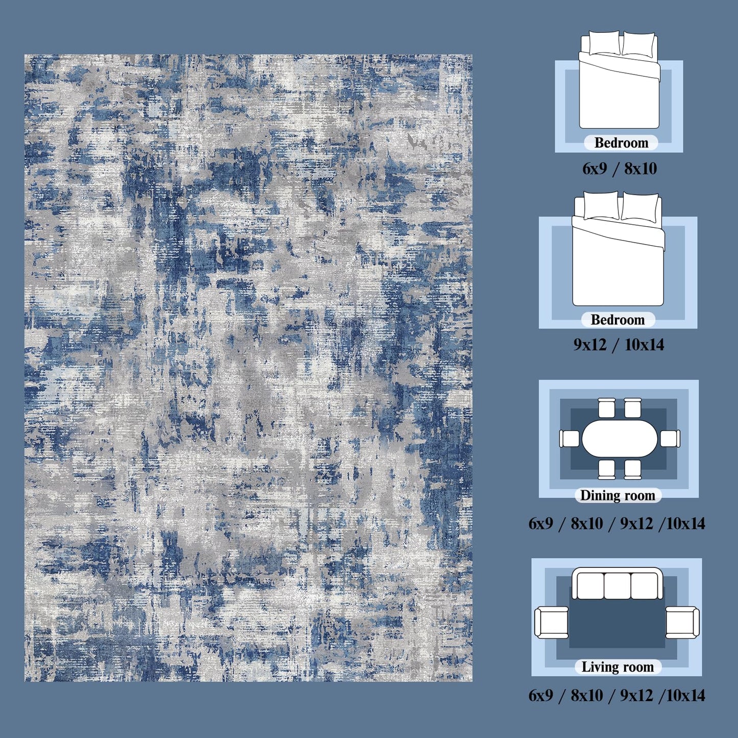Groovoft 8x10 Area Rug for Living Room, Washable Modern Abstract Large Rug, Soft Low Pile Non Slip Indoor Floor Carpet for Bedroom Dining Room Home Office, Blue Grey
