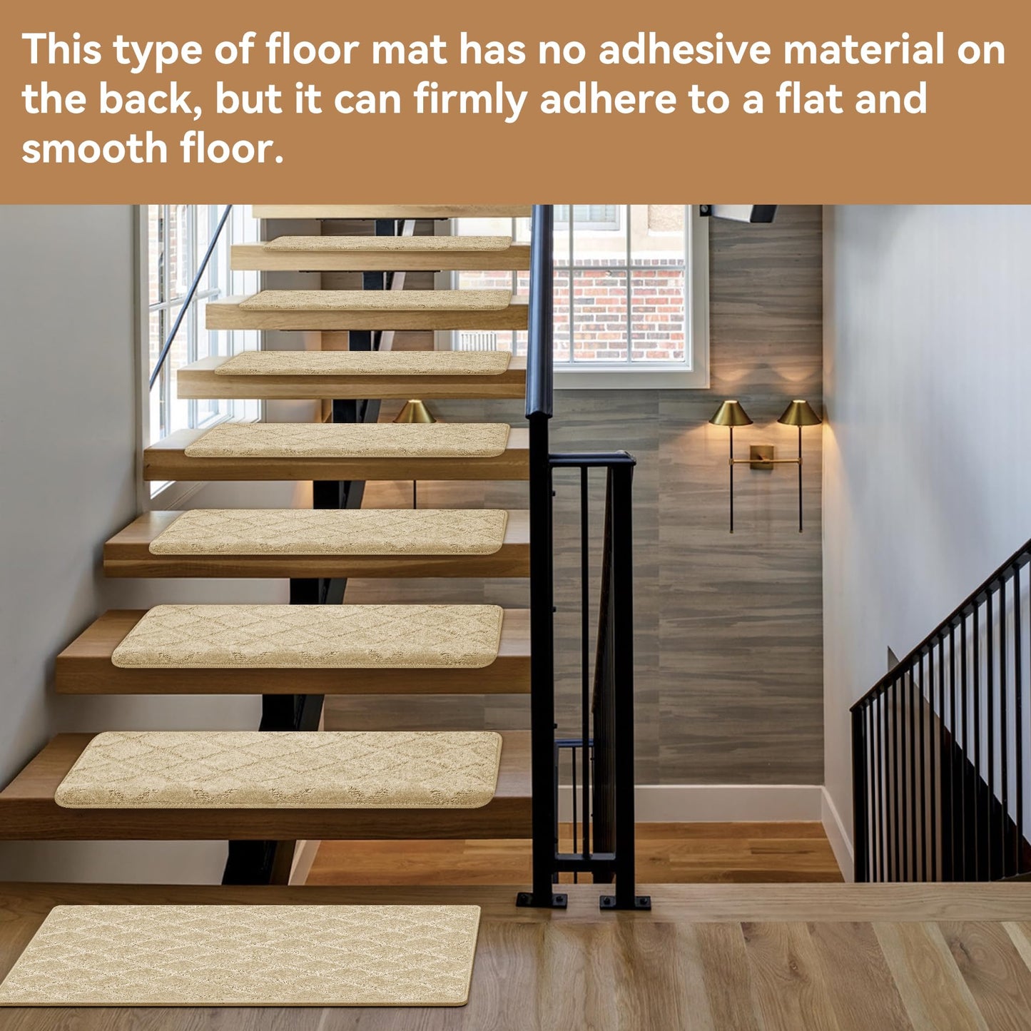NEKL Stair Landing Mat 24 * 36 Inch, Peel and Stick Carpet Stair Treads for Wooden Steps Indoor with Adhesive Non-Slip Backing - Diamond Pattern Khaki