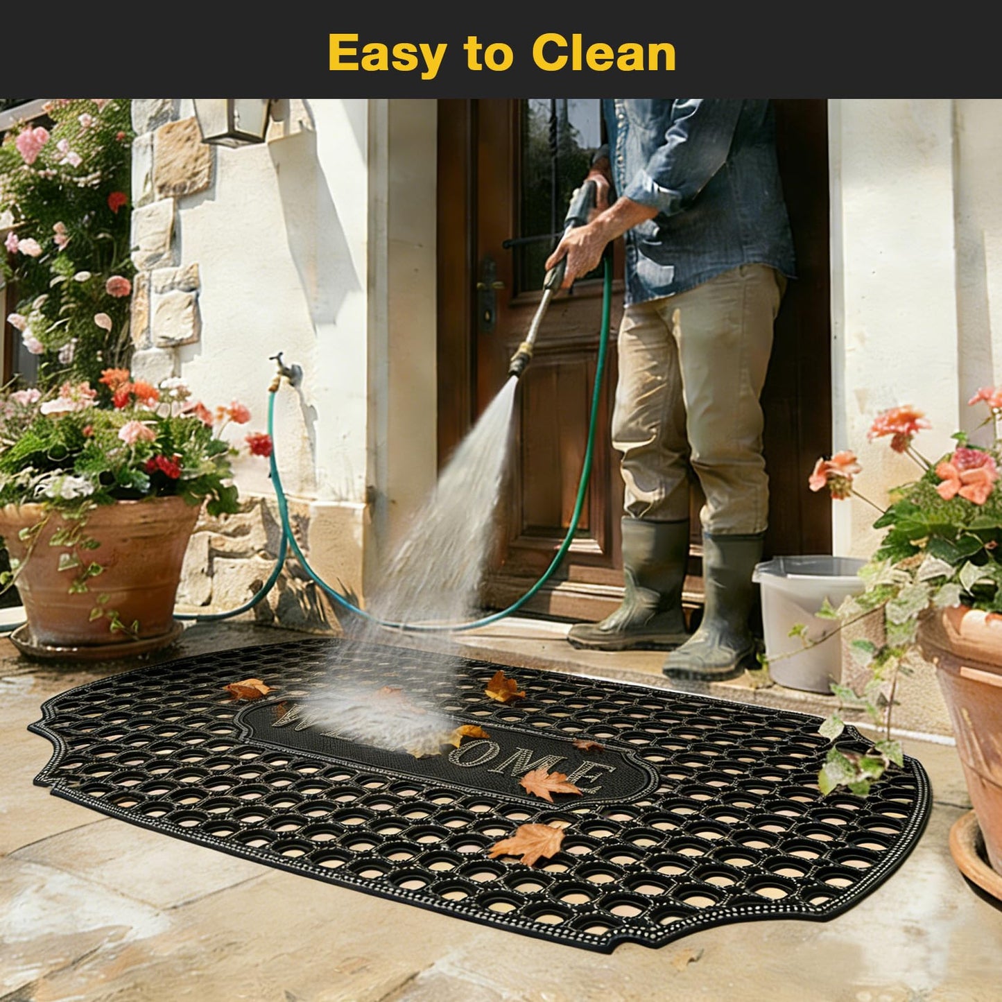 GTRY 23”x 35” Heavy Duty Rubber Door Mat, Outdoor Non Slip Waterproof Floor Mats for Front Door,Patio,Garage,Driveway,Kitchen and Entrance, Mud Trapping Utility Floor Mat, Rubber Mats with Drainage
