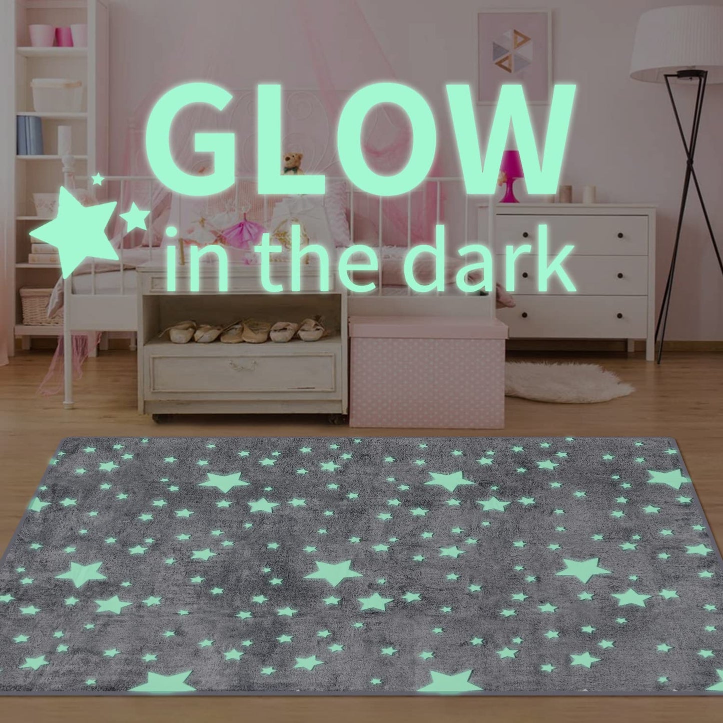 kksme Large Area Rug Carpet Glowing in The Dark Big Stars for Children Room Decor, Funny for Babyroom and Living Room, Rectangular Mat for Kids Bedroom Size 5'x6'