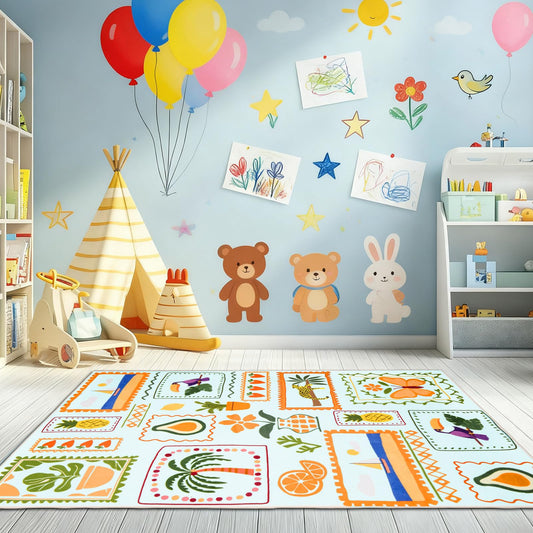 Instellar 5x7 Washable Kids Rug, Soft Low Pile Large Area Rugs with Non-Slip Plant & Animal Pattern Carpet for Nursery Bedroom Playroom Classroom Living Room,Light Blue