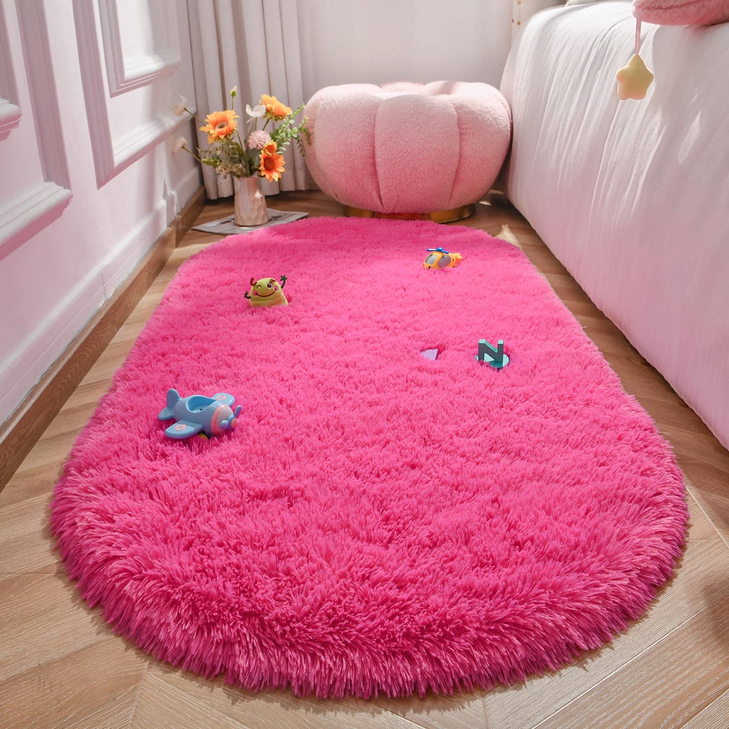 LOCHAS Bedroom Rug 2.6' x 5.3', Hot Pink Fluffy Shaggy Area Rug for Bedroom Bedside, Soft Oval Throw Rugs Carpet for Kids Girls Nursery Living Room Home Decor