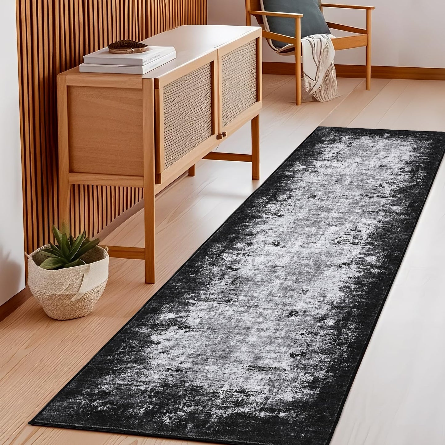 GarveeHome Machine Washable Runner Rugs 2x6 Non-Shedding Abstract Hallway Rug with Non-Slip Backing, Foldable Contemporary Low Pile Floor Cover for Bedroom, Laundry, Grey