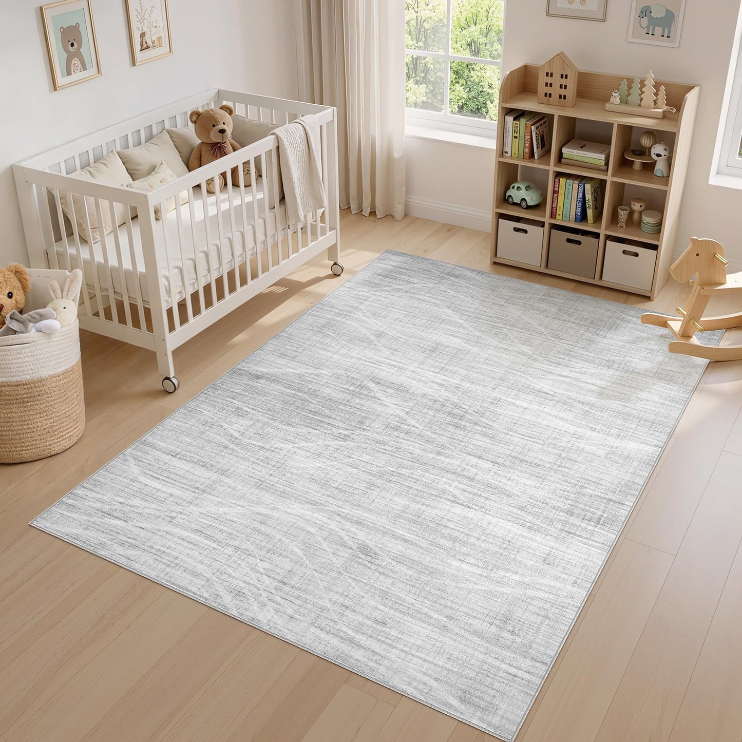 WITSHOCK Washable Rugs 8x10 Modern Area Rugs, Thin Rug for Living Bedroom Dining Room Nursery Kitchen Office, Wave Striped Rugs Indoor Carpet Soft Non Slip Stain Resistant Home Decor, Light Grey