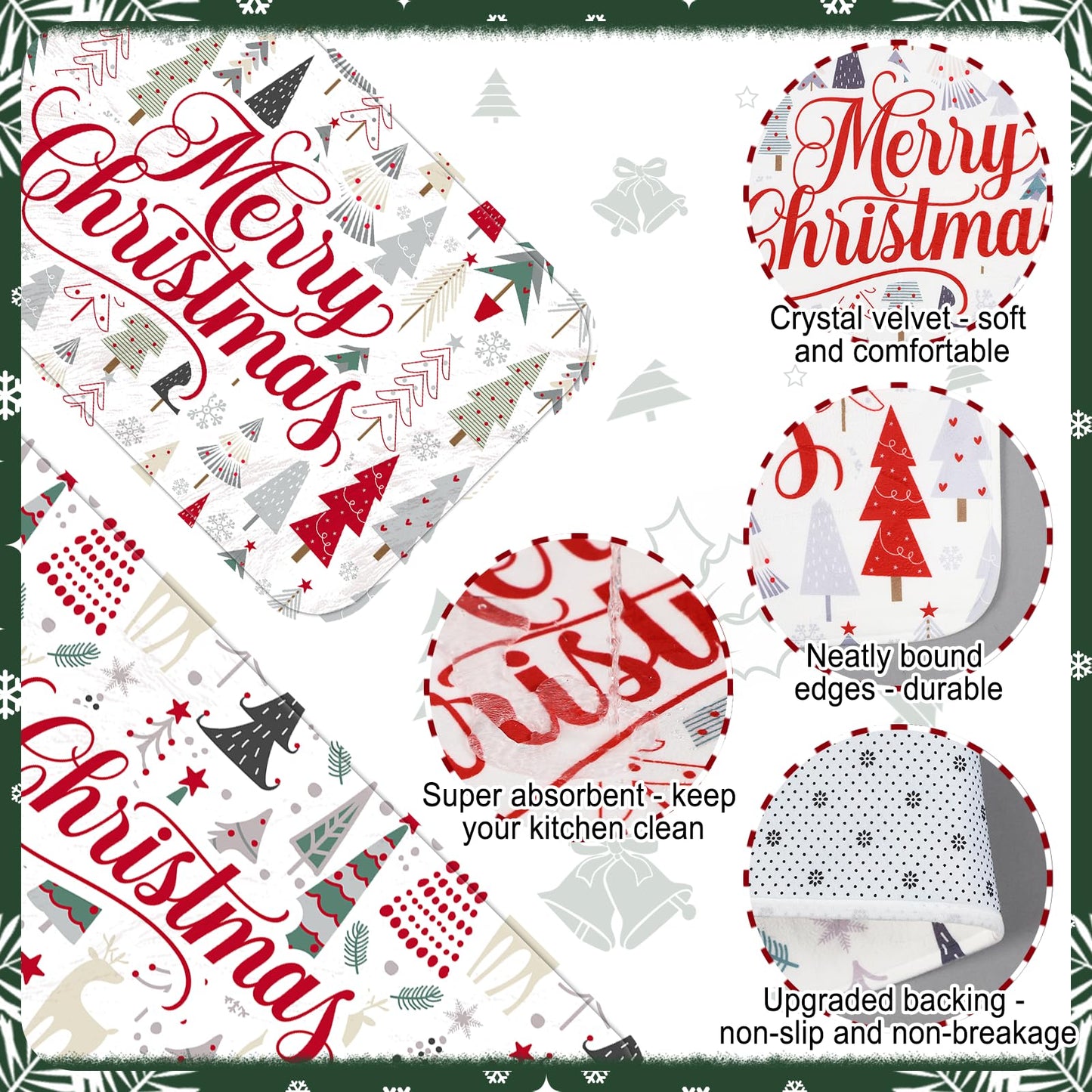 2 Pcs Merry Christmas Kitchen Rugs and Mats Non Slip Christmas Tree Kitchen Rugs Seasonal Winter Xmas Floor Mats for Holiday Indoor Outdoor Home Farmhouse Entryway Decorations, 17x47 and 17x29 Inch