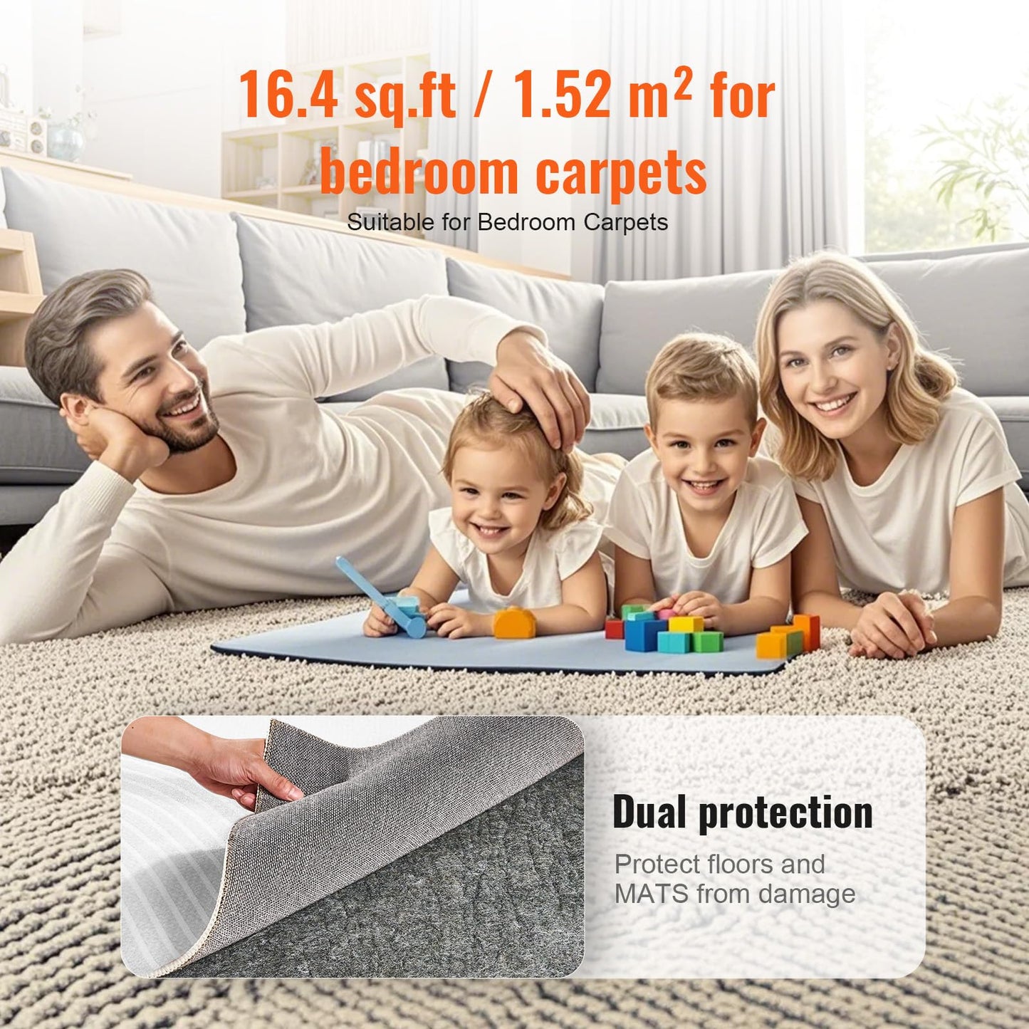 VEVOR 8' x 10' Non-Slip Rug Pad Gripper - 1/4" Thick Polyester Felt & Latex Backing Padding Cushion for Area Carpet Runner Hardwood Floors Living Room - Grey