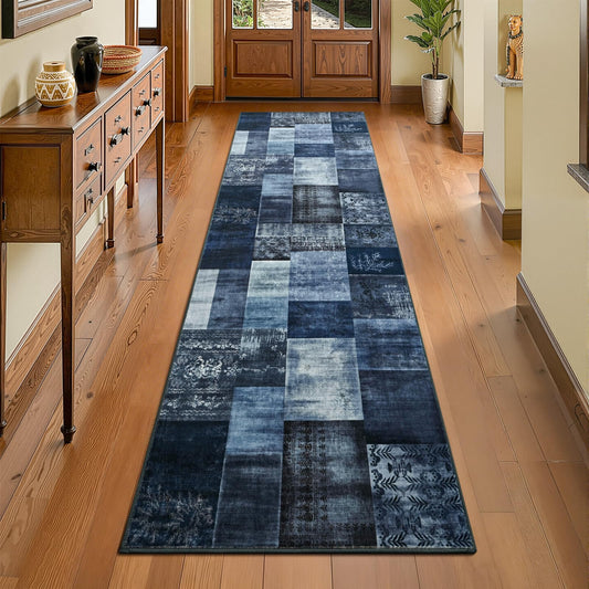 DweIke Runner Rug for for Hallways, 2'x6' Washable Kitchen Rugs with Non Slip Rubber Backing, Soft Low Pile Non-Shedding Geometric Carpet for Laundry Bedroom Bathroom, Navy Blue