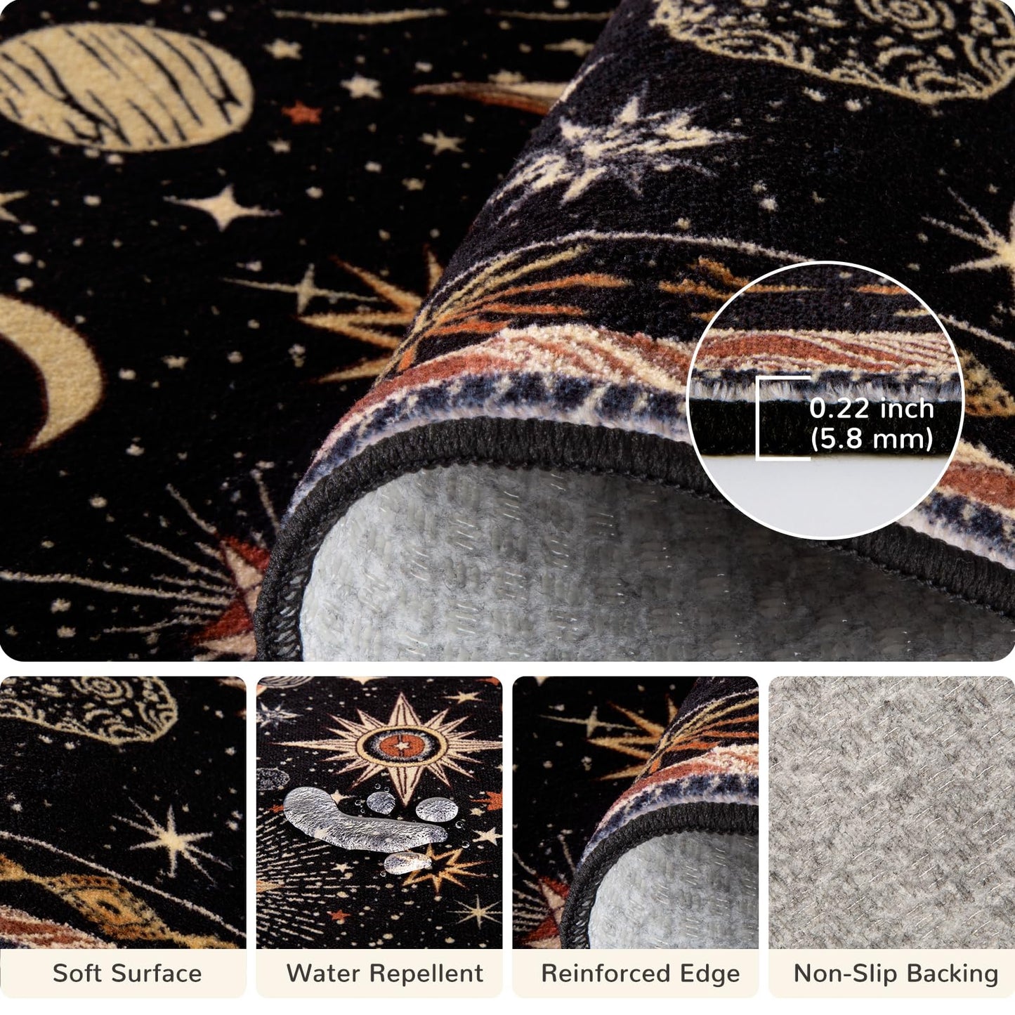 meejou 8x10 Area Rugs, Washable Vacuum-Friendly Non-Slip Rug Vintage Boho Gothic Sun and Moon Printed Pattern Low Pile Carpet for Living Room Bedroom Dining Room Hallway Entryway,Black Gold Beige Red