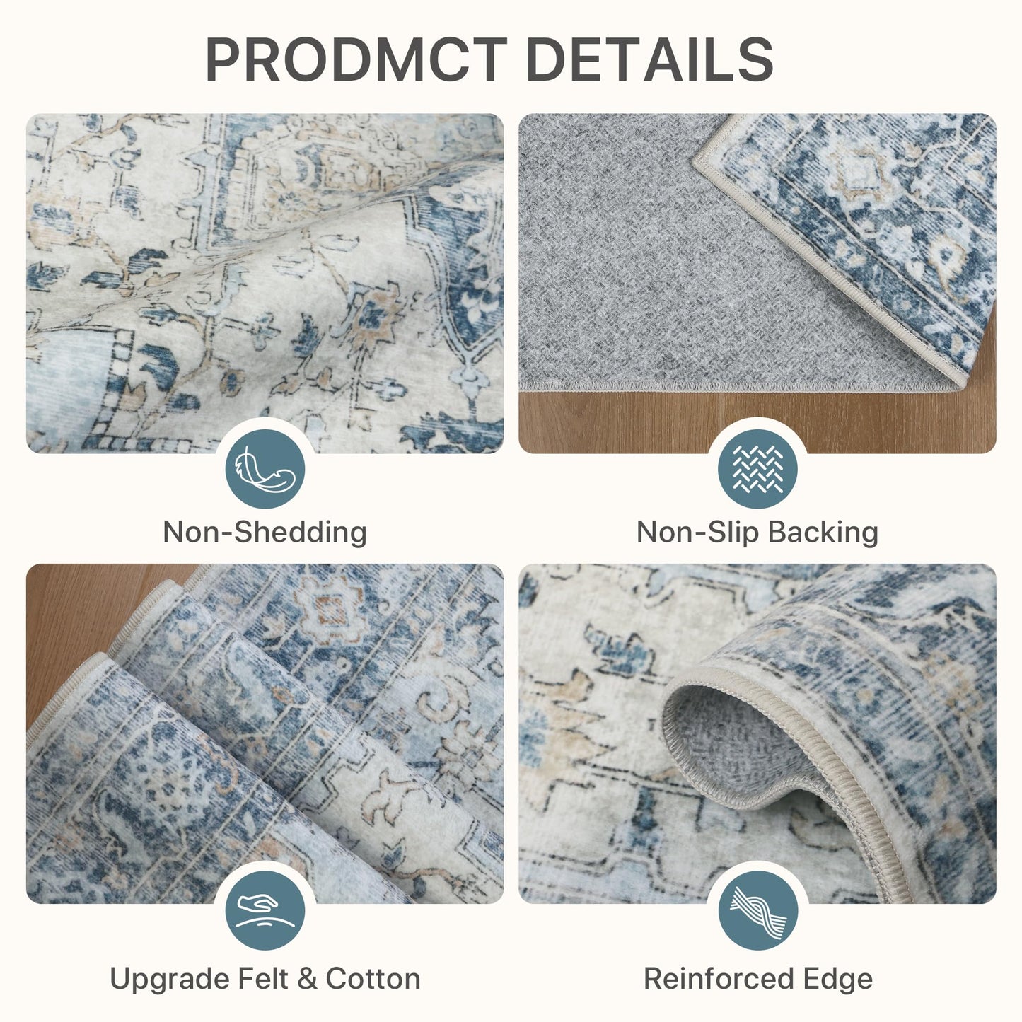 BESBLEE 9x12 Area Rugs for Living Room, Machine Washable Non Slip Vintage Rugs, Low Pile Lightweight Print Rug for Bedroom, Dining Room, Home Office, Blue