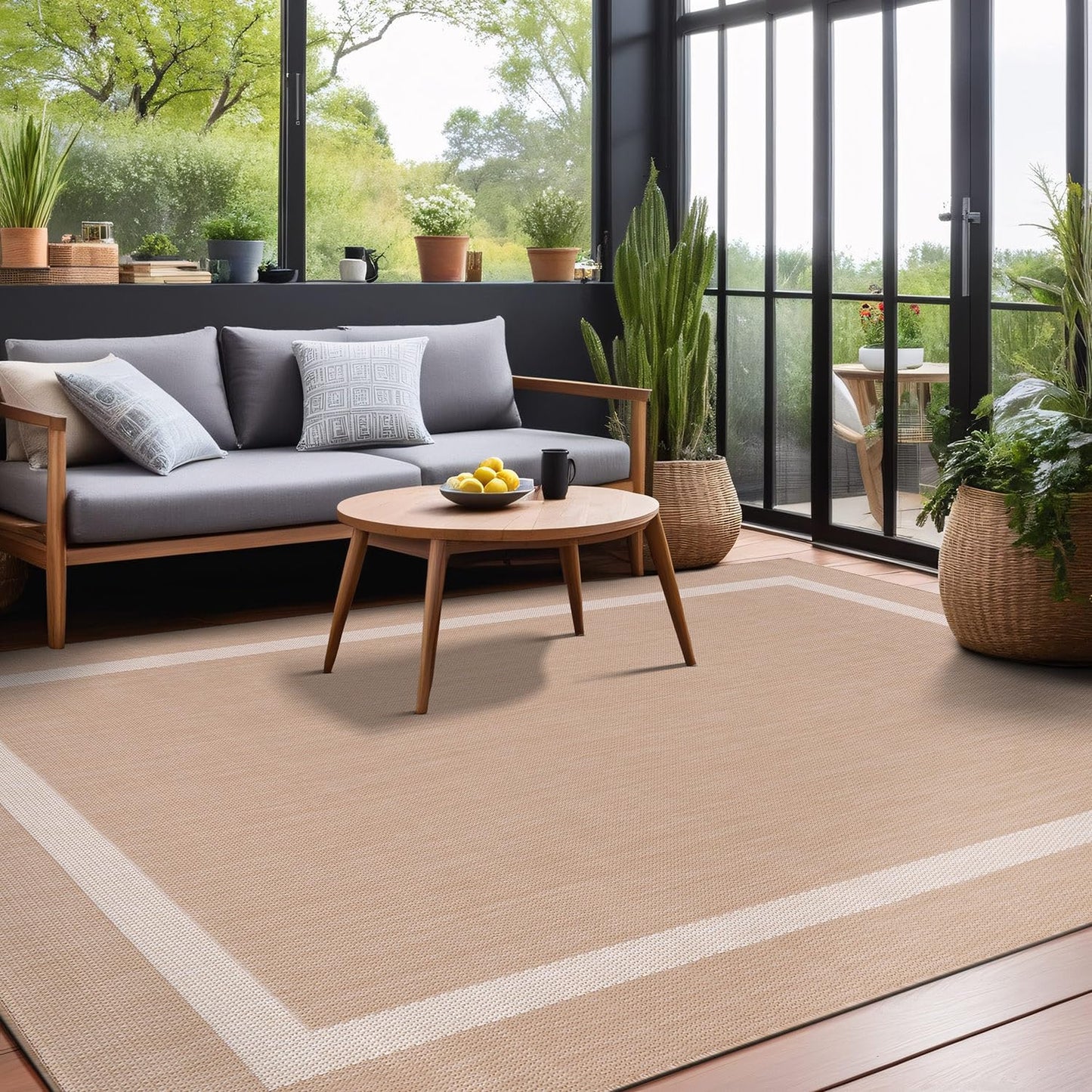 Luul Home Bordered Outdoor Rug 9x12 Washable Outside Carpet for Indoor Patio Porch Waterproof Easy Cleaning Non Shedding Area Rugs Beige 9 x 12
