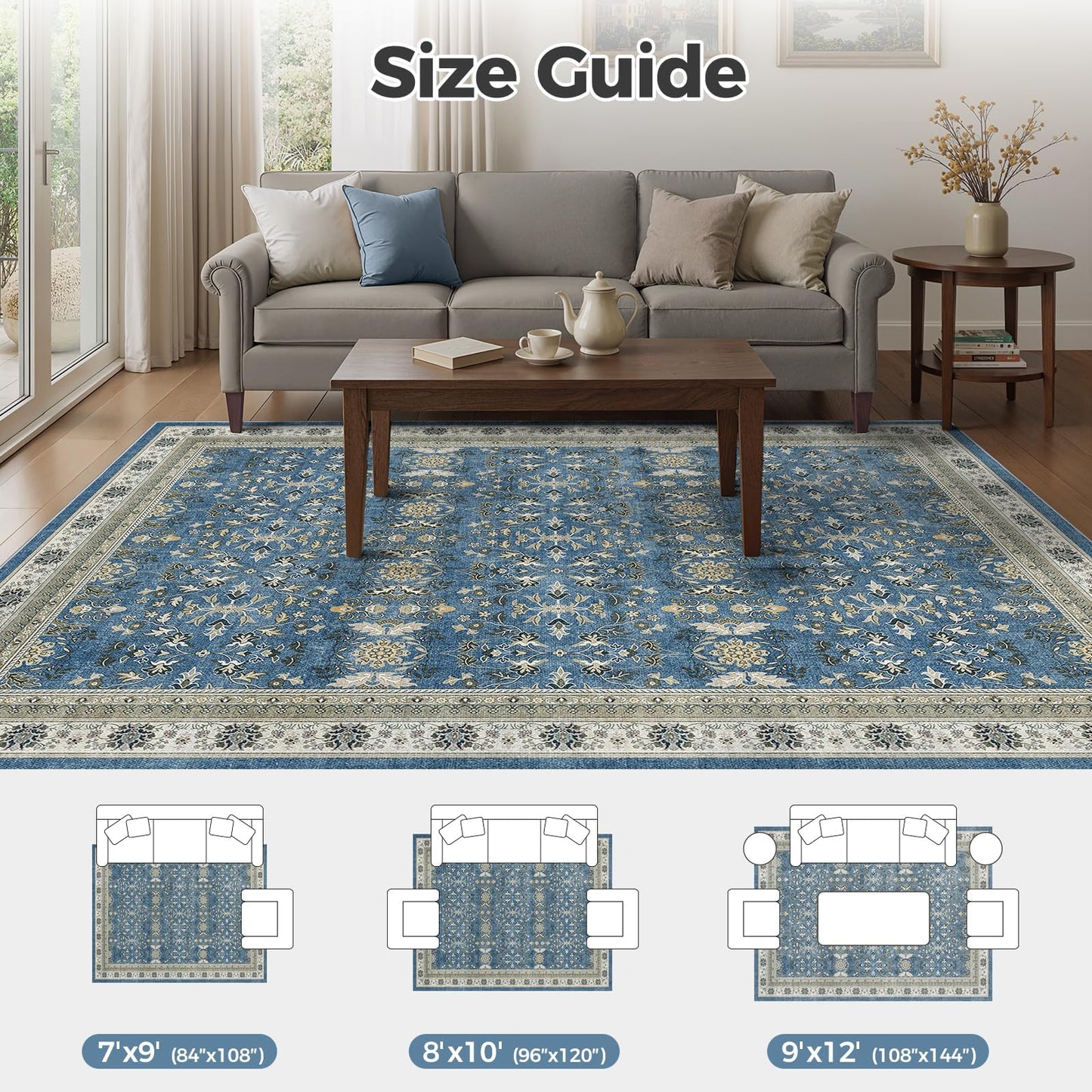 WITSHOCK Living Room Rug 8x10: Vintage Distressed Oushak Boho Farmhouse Retro Antique, Dining Room Rugs for Under Table, Bedroom Nursery Playroom, Ultra Soft Non-Slip Washable Stain Resistance, Blue