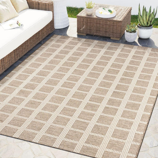 Abani Brown Area Rug – Ocean Collection – 5' x 8' Gridscape Design – Indoor & Outdoor Use – UV Protected, Fade-Resistant, Easy to Clean – Durable for Patio, Deck, Entryway, or Kitchen