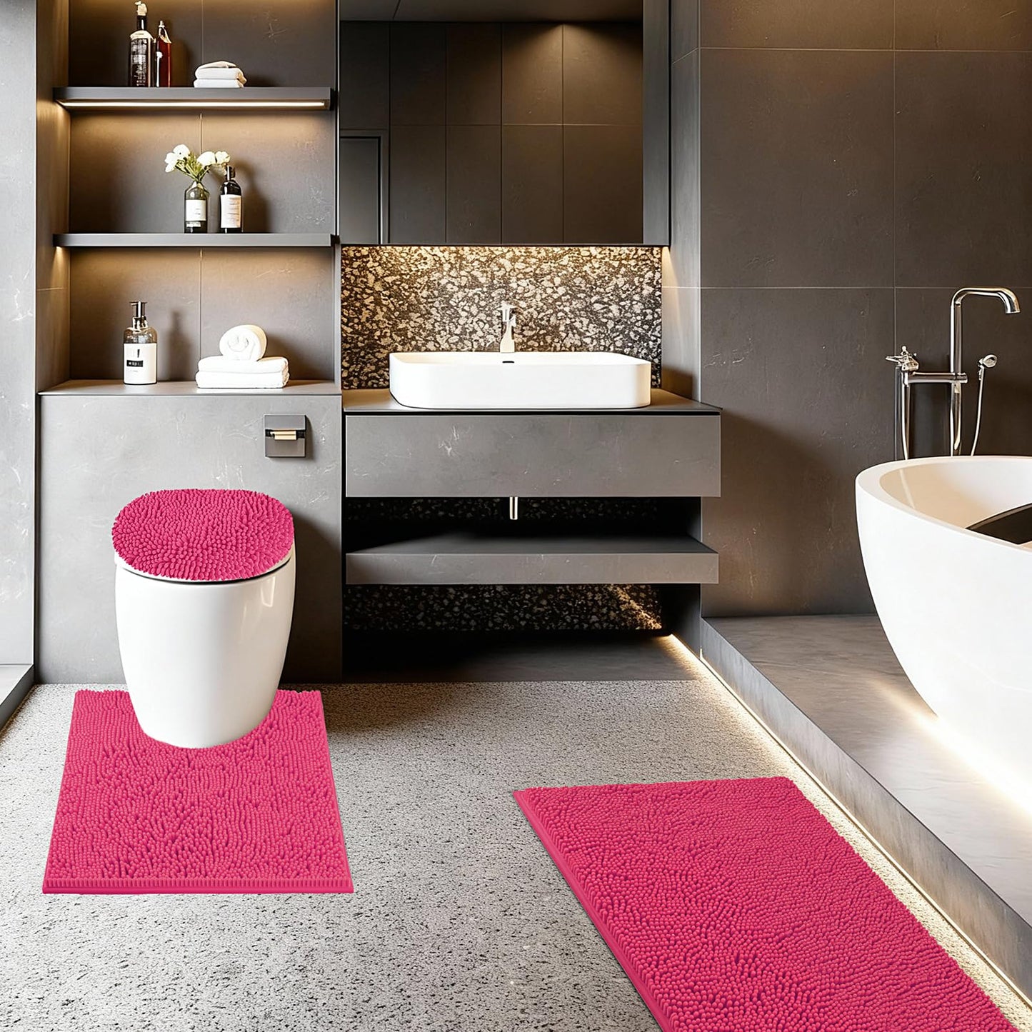 Baahrnom Bathroom Rugs Sets 3 Piece with Adjustable Toilet Seat Cover 19.5"x 18.5" Machine Washable Bath Rug Set with TPR Non Slip Rubber Backing Solid Bath Mat Set for Luxury Bathroom Decoration