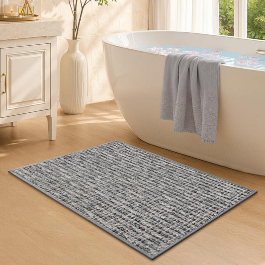 Color&Geometry Bath Mat, Soft Absorbent Bathroom Rugs with Non Slip Backing, Heather Gray Bath Rug, Low Profile Bath Mat for Farmhouse, Wabi-Sabi, Coastal Bathroom Decor,20"x32"