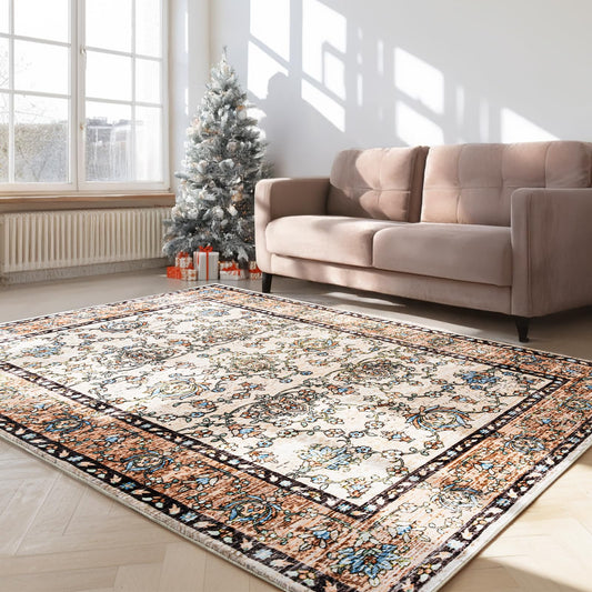 4x6 Washable Area Rug – Ivory and Beige Vintage Carpet with Charcoal Border, Floral Scroll&Geometric Lattice Pattern, Boho Non-Slip Indoor Mat for Living Room, Bedroom, Dining Room, Entryway