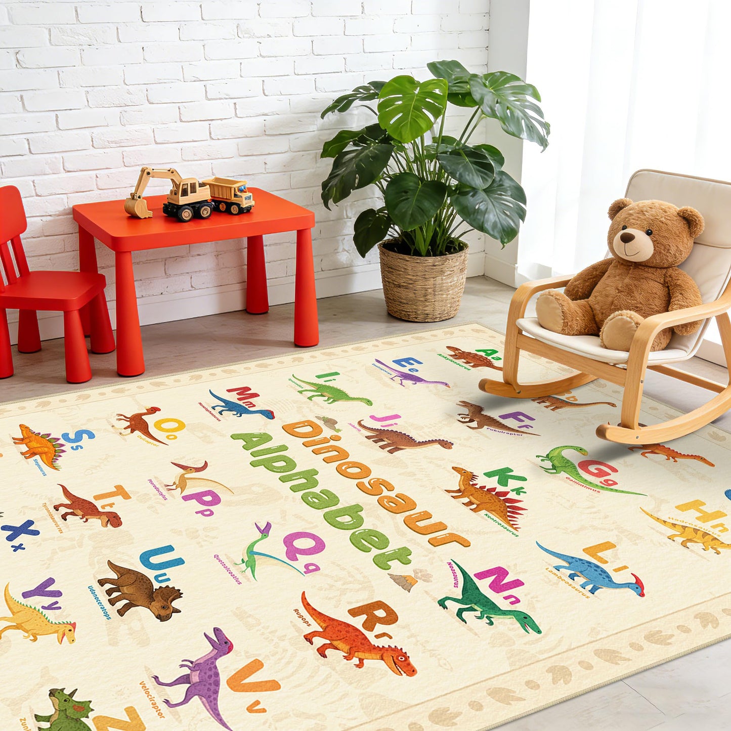 Area Rug 6x9 Living Room Dinosaur Rug Dino Alphabet Toddler Educational Area Rugs Machine Washable Non Slip Low Pile Large Dining Room Indoor Floor Carpet for Kids Room Nursery Playroom,Beige