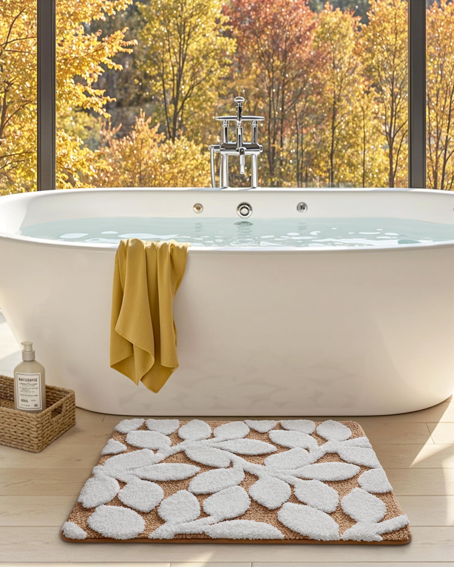 DEXI Bathroom Rugs 32x20, Boho White Leaf Bath Mat, Non Slip Washable Absorbent Quick Dry Bath Rugs, Extra Soft Plush Microfiber Bathmat for Shower Floor, Tub, Sink, Brown