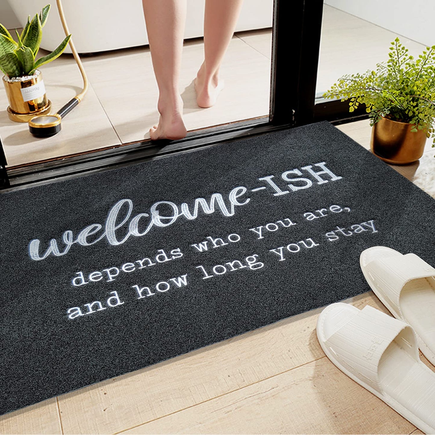 JJUUYOU Door Mats Outdoor Funny Welcome Ish Doormats Non Slip Rubber Backing Front Door Mat for Indoor Entrance Patio Home Office Black