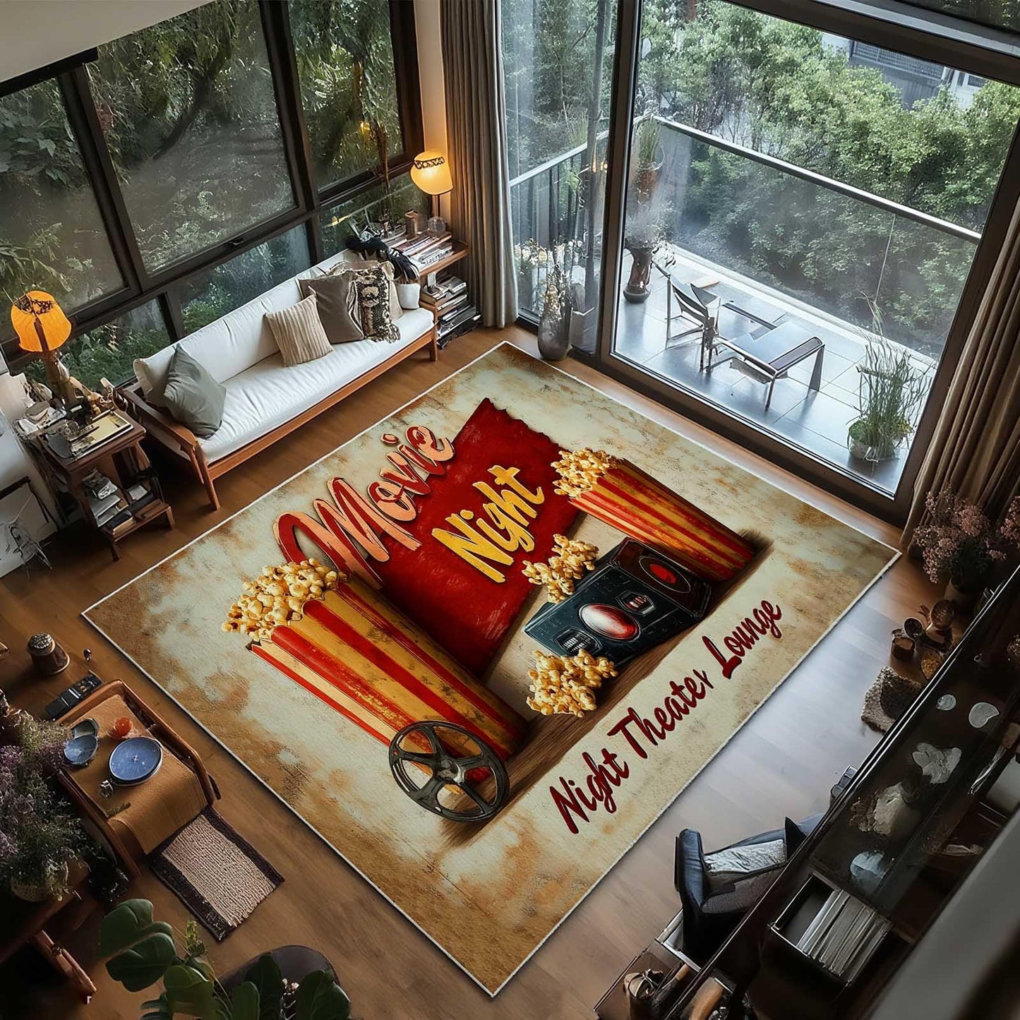 5x8 Movie Area Rug, Theater Lounge Area Rug, Movie Night Home Theater Floor Rugs, Vintage Movies Theaters Rugs, Washable Low Pile Film Carpet for Living Room
