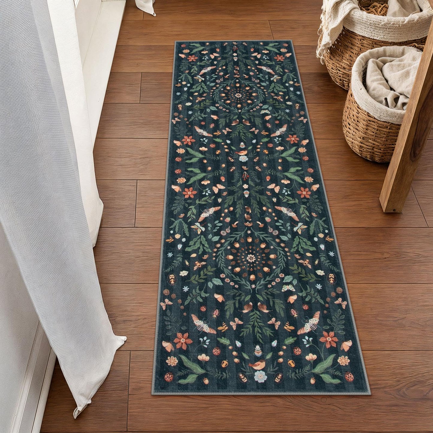 Lahome Washable Insect Botanical 2x6 Runner Rug for Entryway - Machine Washable Non-Slip Hallway Runner Rug, Black Boho Low Profile Soft Faux Wool Carpets for Bedroom, Hallway, Laundry, Kitchen