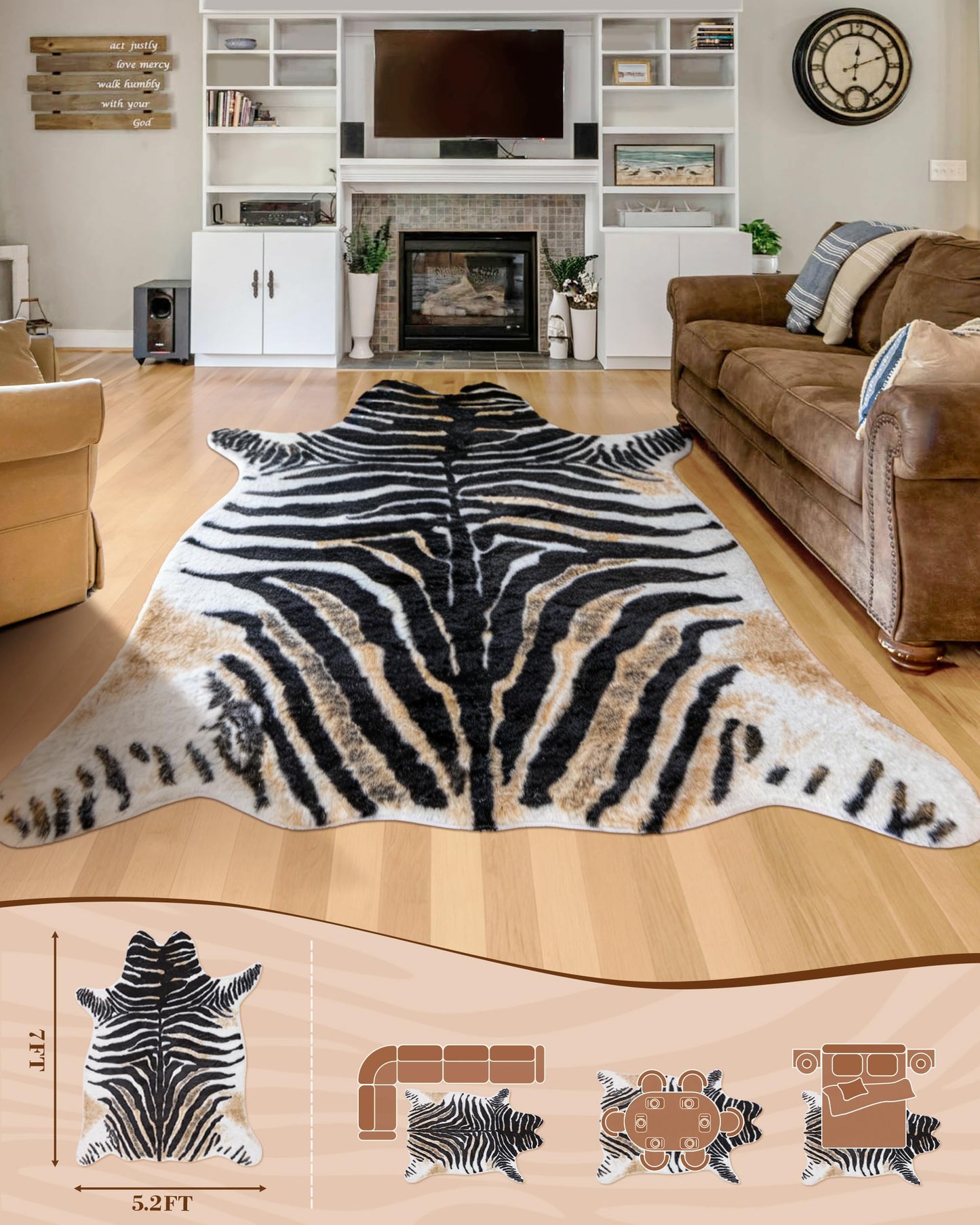 Zebra Rug Animal Print Rug: 6.2x8.2 Feet Large Washable Animal Shaped Area Rug Faux Fur Zebra Hide Carpet Funky Western Decor for Living Room Bedroom Home Office