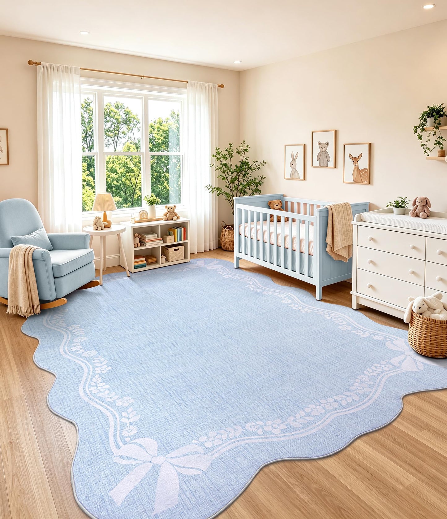 YIHOUSE 5'x7' Area Rug Blue Bow Scalloped Nursery Rug, Cute Princess Girls Bedroom Rug Washable,Non Slip Soft Low Pile Floral Border Carpet for Living Room Family Room Bedroom Standard Space