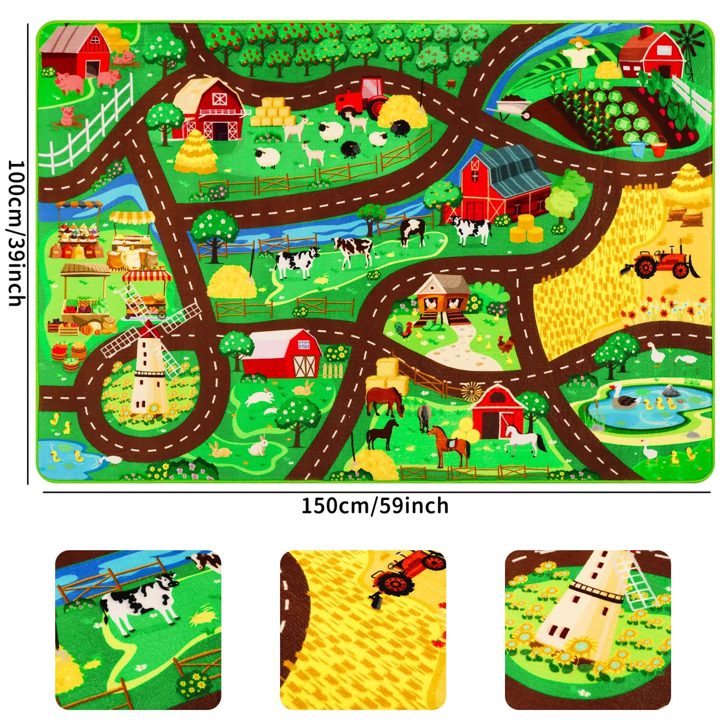 Kids Car Carpet,3'3" x 4'11" Car Rugs for Kids Toy Cars,Non-Slip Farmhouse Road Rug for Kid,Kid Room Race Track Rug,Pasture Track Mat Car Play Rugs for Playroom Bedroom Boys(for Age 2+)