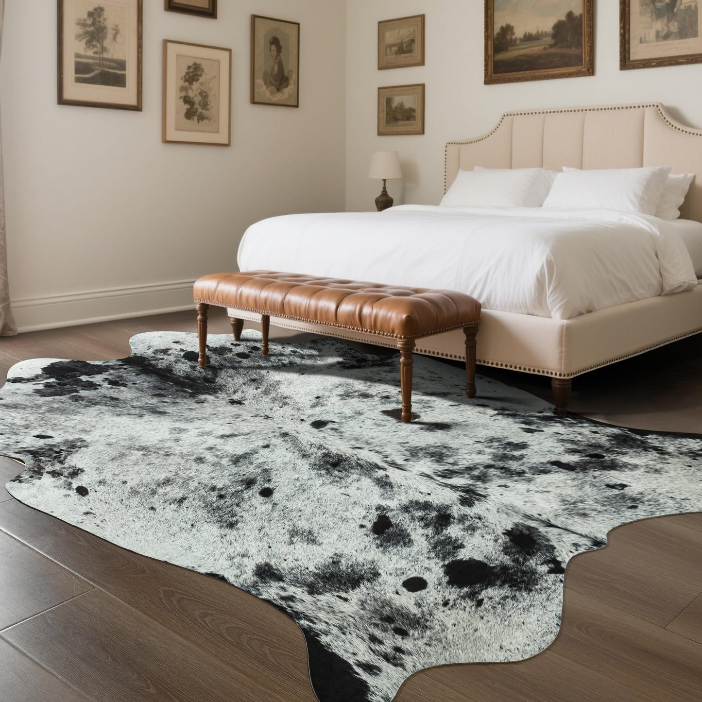SUNYIWEI Faux Cowhide Rug, 5.2 x 6.2 ft Cowhide Rug for Living Room, Bedroom, Wall - Non-Slip,Gray White Black