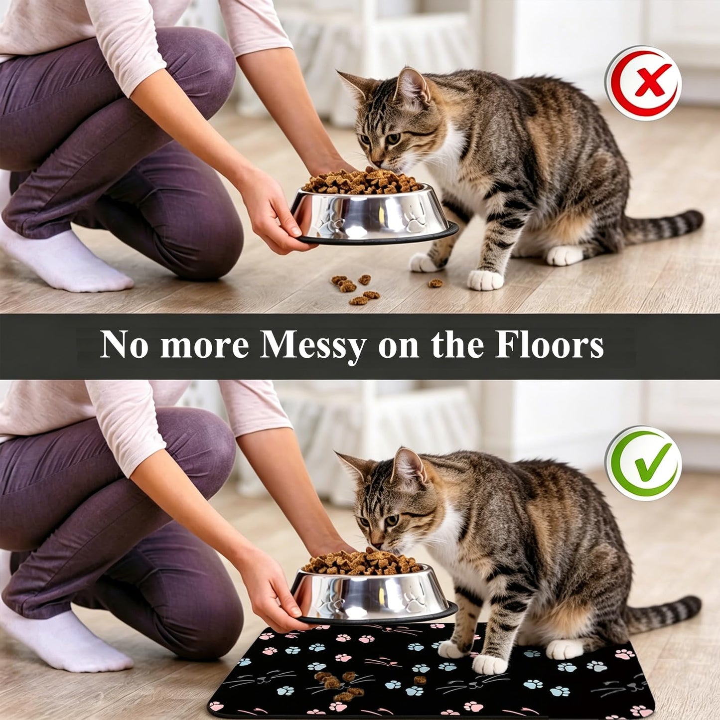 Patterned Cat & Dog Bowl Mat for Food and Water, 12"×20" Quick Dry Absorbent Pet Feeding Mat, Eco-Friendly Dog Placemat