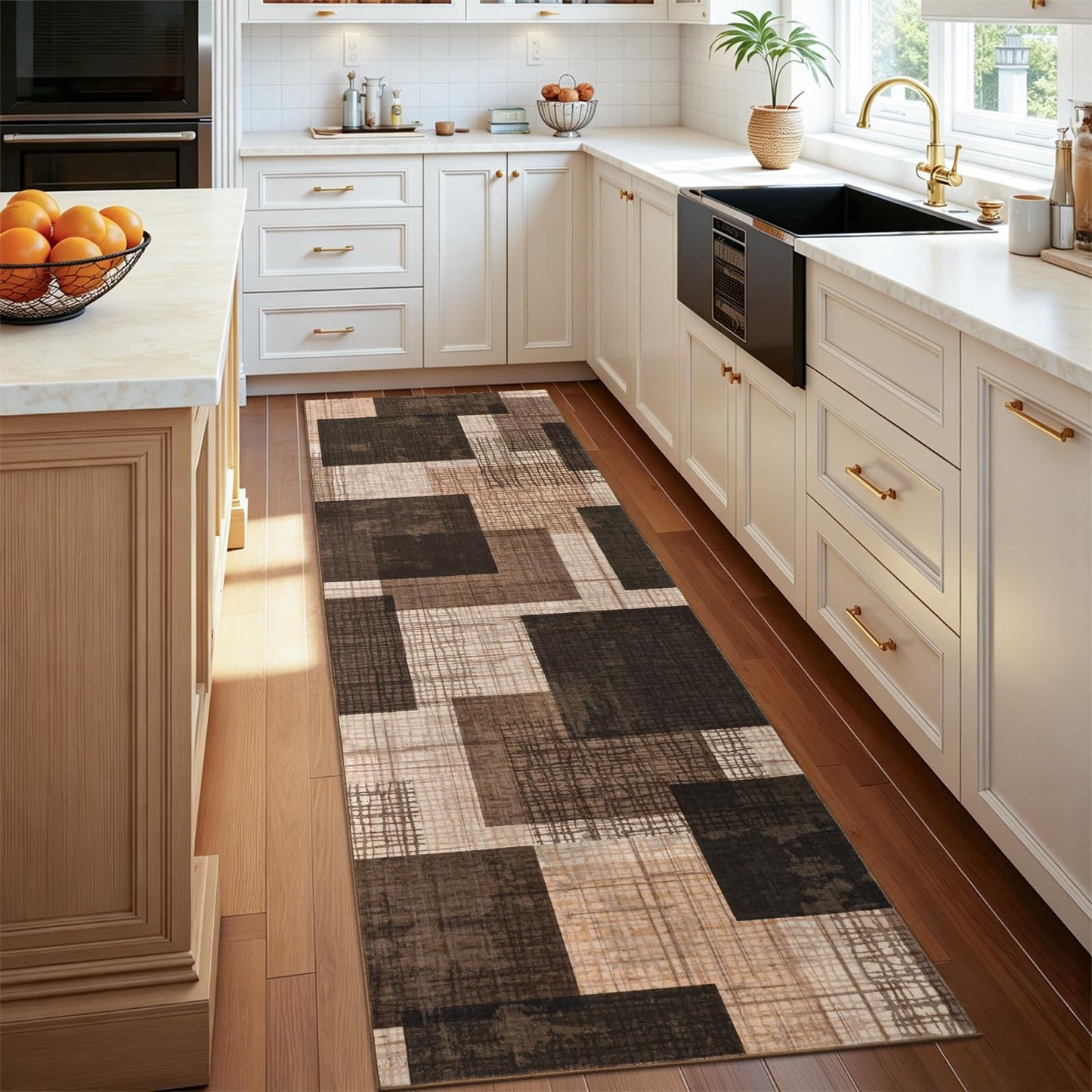 Ailyei Washable 2x8 Runner Rug for Hallway Kitchen Bedroom, Modern Geometric Patchwork Grid Print Non Slip Carpet, Soft Stain Resistant Long Runner with Rubber Backing, Chocolate