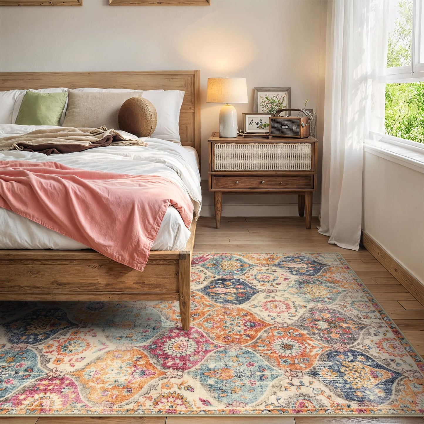 Lahome Moroccan Trellis Washable Area Rugs 5x7, 5x7 Area Rugs for Living Room Bedroom, Indoor Non-Slip Large Oriental Throw Carpet for Kitchen Entryway Bathroom Office Elise, Cream/Multi
