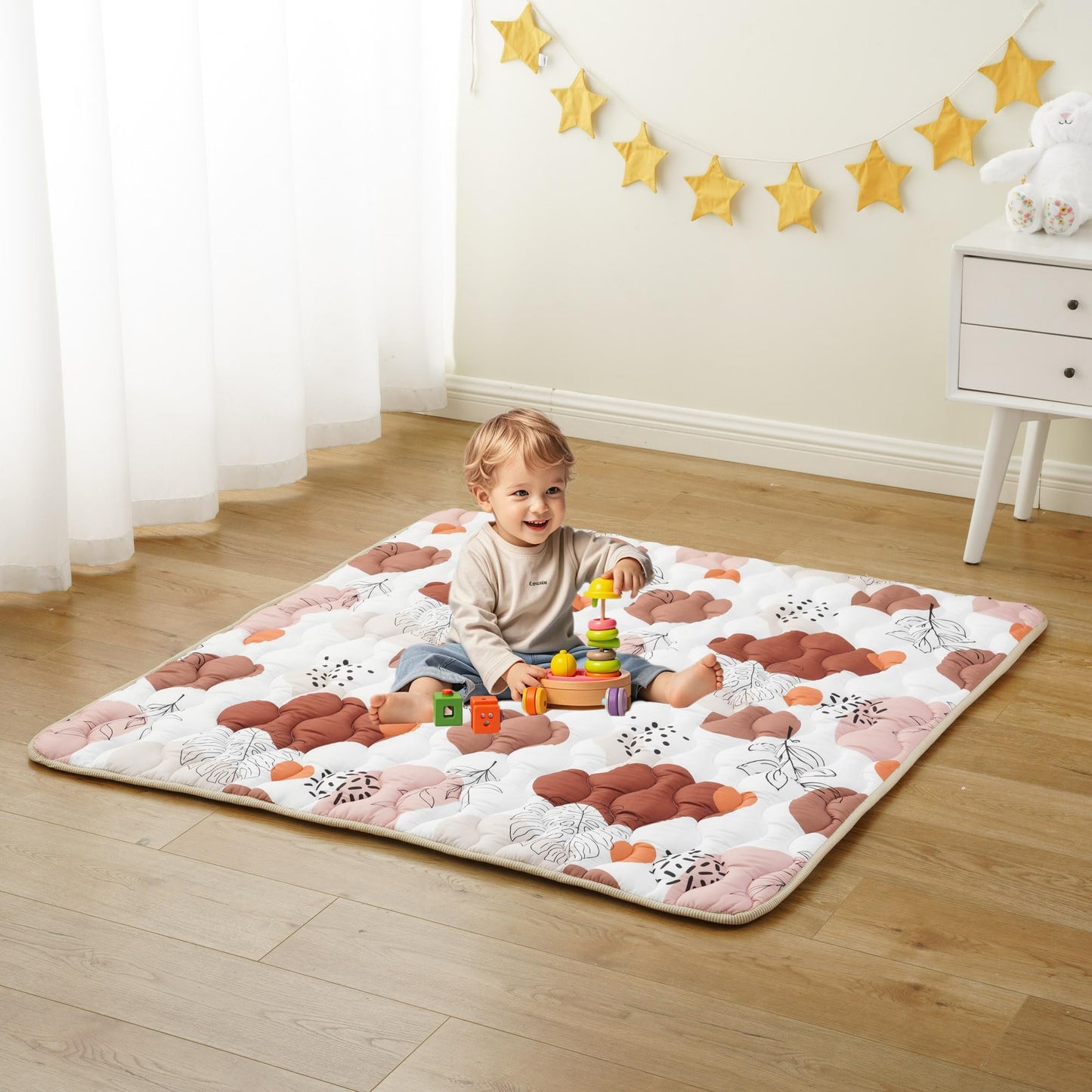 Bunnikins & Clover Baby Play Mats for Floor, 71"x59" Thicken Soft Play Mat for Babies 6-12 Months, Foldable and Non Slip One-Piece Crawling Mat, Washable Foam Playmat for Baby, Tummy Time