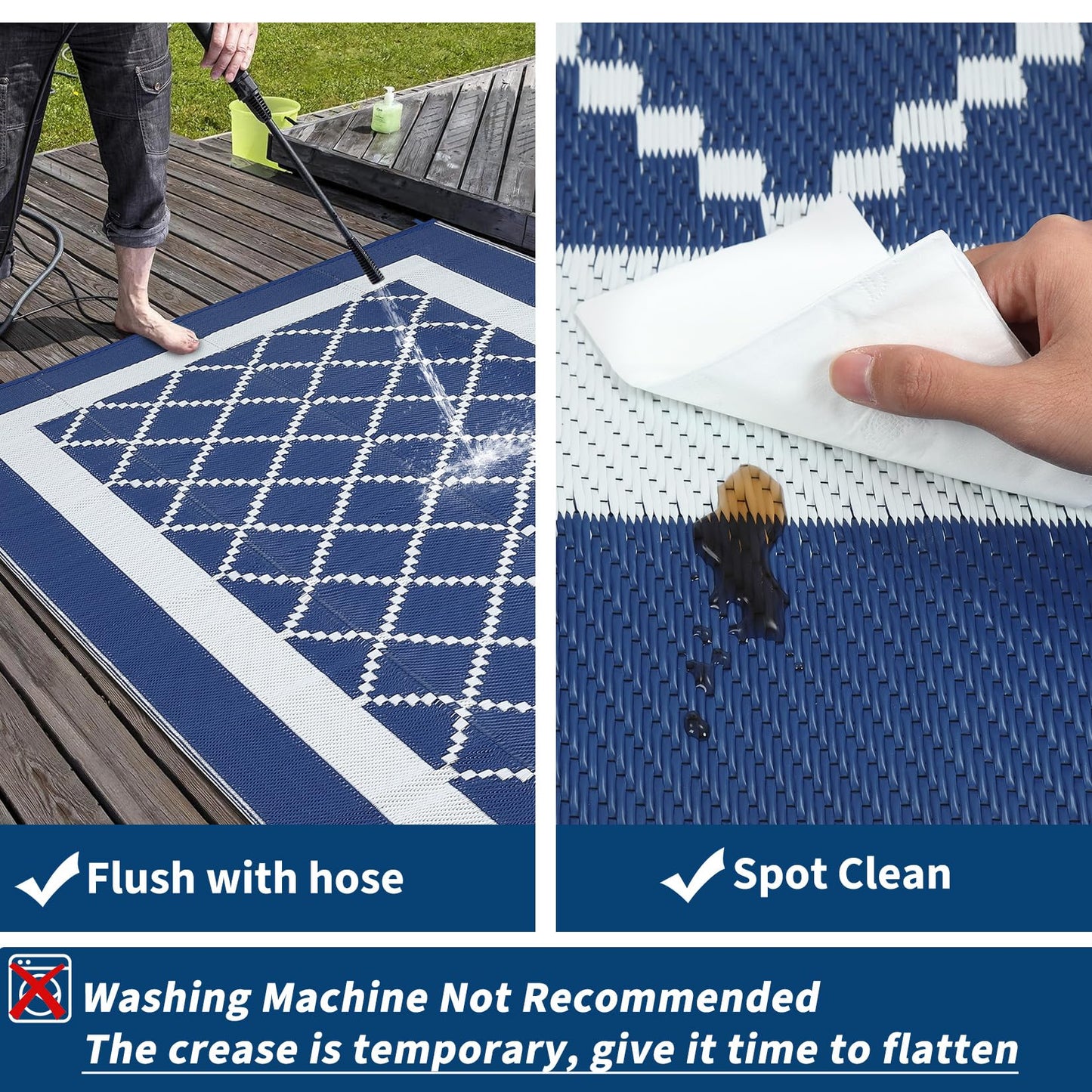 GAOMON Outdoor Plastic Straw Rug 9x18 Waterproof Patio Rug Reversible Camping Mat, Foldable Portable RV Picnic Carpet with Bag & 4 Stakes, UV Resistant Outside Carpet for Deck Balcony, Navy