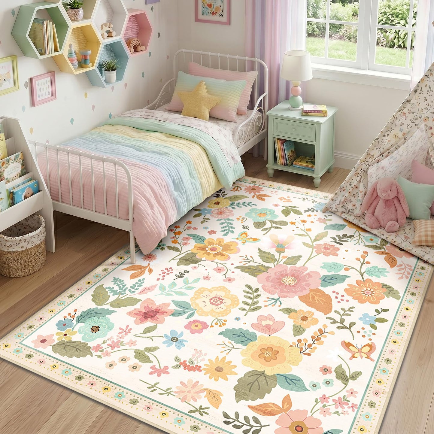 RELEANY Floral 5x7 Area Rugs Washable Print Boho Cute Carpet Non Slip Flower Low Pile for Living Room Bedroom Kitchen Office Farmhouse-Beige/White/Orange
