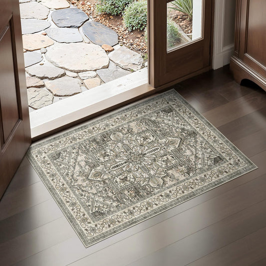 WITSHOCK Indoor Door Mat, Entrance Mat 2x3 Machine Washable Rubber Backing Entry Mats Soft Foldable, Vintage Farmhouse Rugs Decor, Small Floor Mat Doormat for Entryway Kitchen Bathroom, Brown Lvory