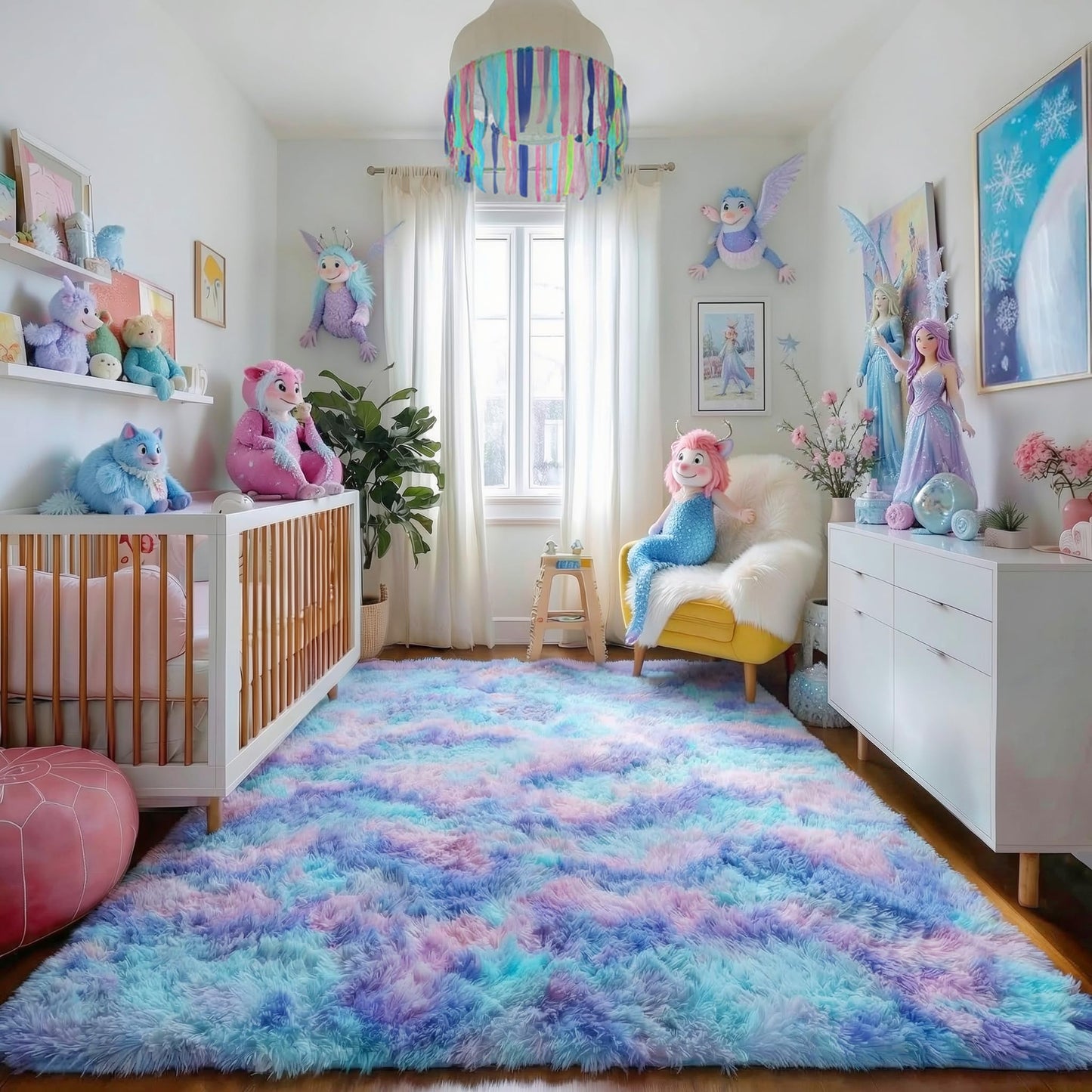 Amdrebio Purple Rainbow Rugs for Bedroom Girls Room Decor, Soft Fluffy Cute Area Rug 4x6 for Kids Room Playroom Nursery Dorm, Mermaid Stitch Frozen Fuzzy Carpet, Plush Kawaii Furry Baby Toddler Rug