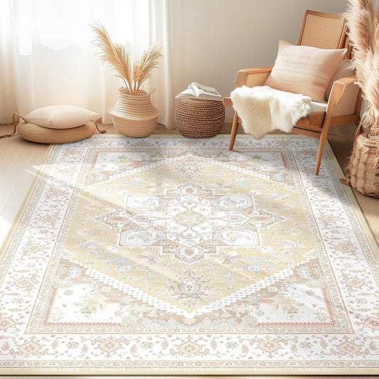 BESTSWEETIE 6x9 Area Rugs for Living Room Washable Non Slip Carpet Low Pile Soft Vintage Print Pattern Rug for Bedroom Dining Room Kitchen Entryway Indoor-Cream/Light Yellow/Brown/Blue/Red/Pink