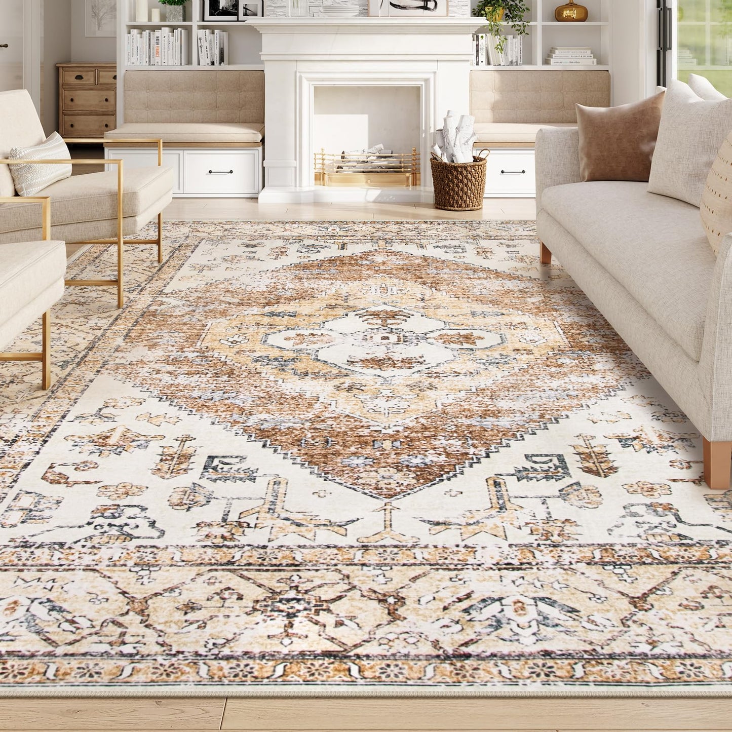 Lahome Rug for Living Room Machine Washable Area Rug 6x9 Boho Non Slip Bedroom Carpet Throw Ultra Thin Carpet for Dining Room, Farmhouse Neutral Print Soft Indoor Mat for Office Adelyn (Taupe, 6'x9')