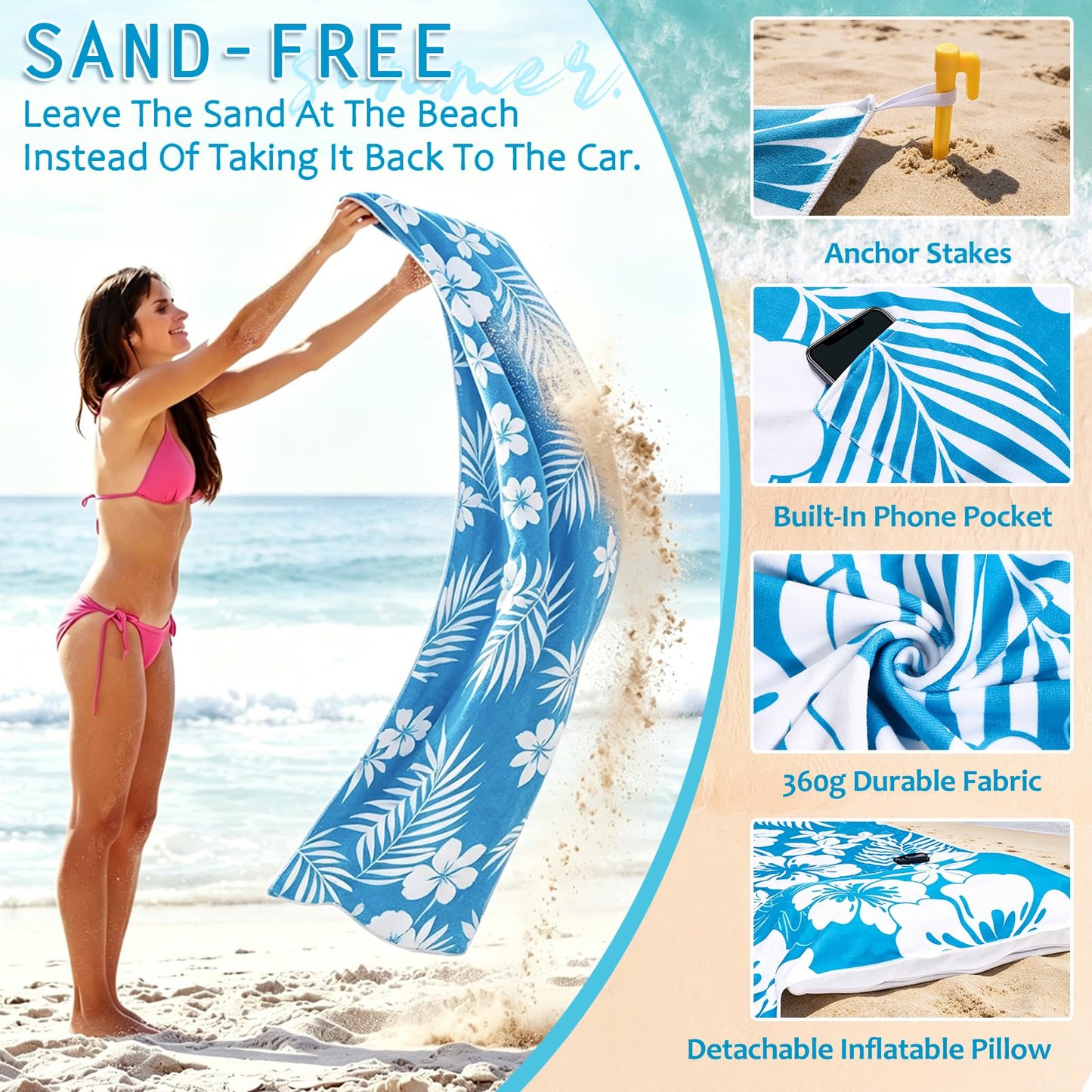 GJQ Beach Blanket Waterproof Sandproof with Inflatable Pillow, 79"×35" Sand Free Beach Mat with 4 Stakes & Carry Bag, Lightweight Portable Beach Blankets for Beach Travel Camping Picnic
