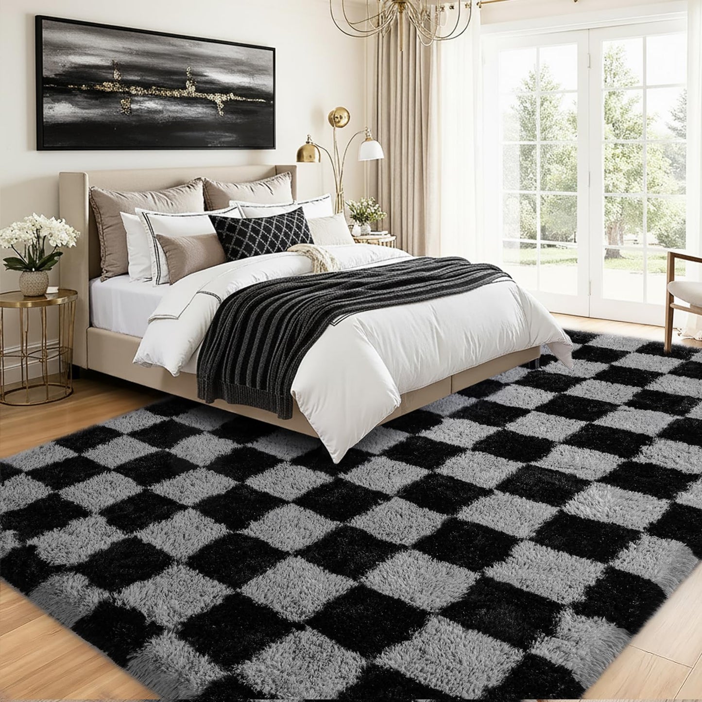 Rezutan Ultra Soft Rugs for Bedroom 8x10 Feet, Checkered Black Grey Fluffy Shag Area Rugs for Living Room, Large Comfy Furry Rug for Girls Kids Baby Room Decor Teenage Pastel Princess Rug, Non Slip