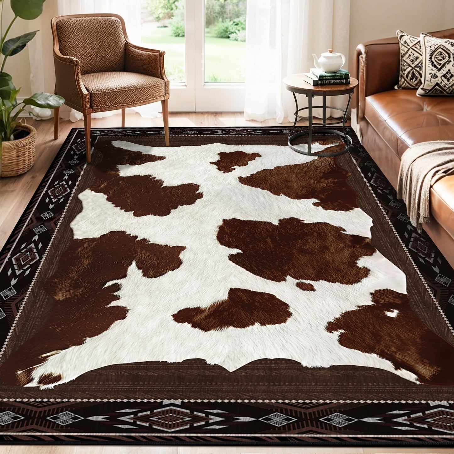 Yinhua Cowhide Rugs for Living Room 4x6 Cow Print Rug for Bedroom Washable, Soft Faux Animal Print Rug Low Pile Non Slip, Western Rustic Rugs for Dining Room Nursery Home Office, Brown and White