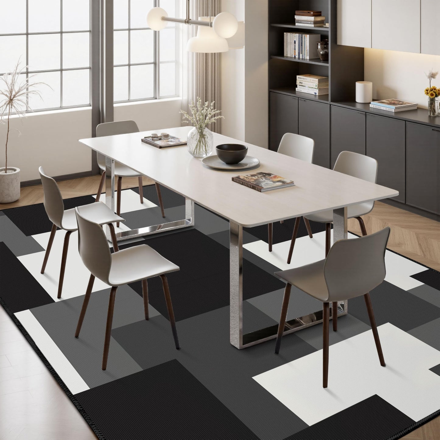 Tyrot Modern Geometric 8x10 Area Rugs for Living Room Ultra Thin Linen-Look Abstract Indoor Rug Non Slip & Non-Shedding Washable Black and White Grey Rug for Bedroom, Dining Room Home Office